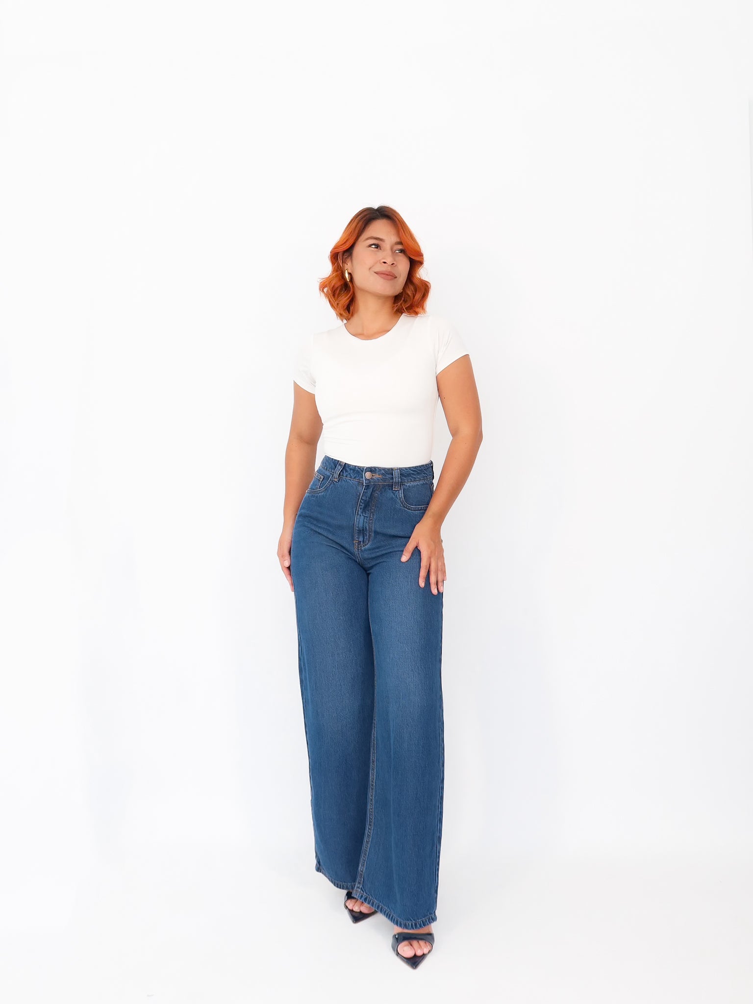 Wide leg regular jeans liviano azul jaspeado