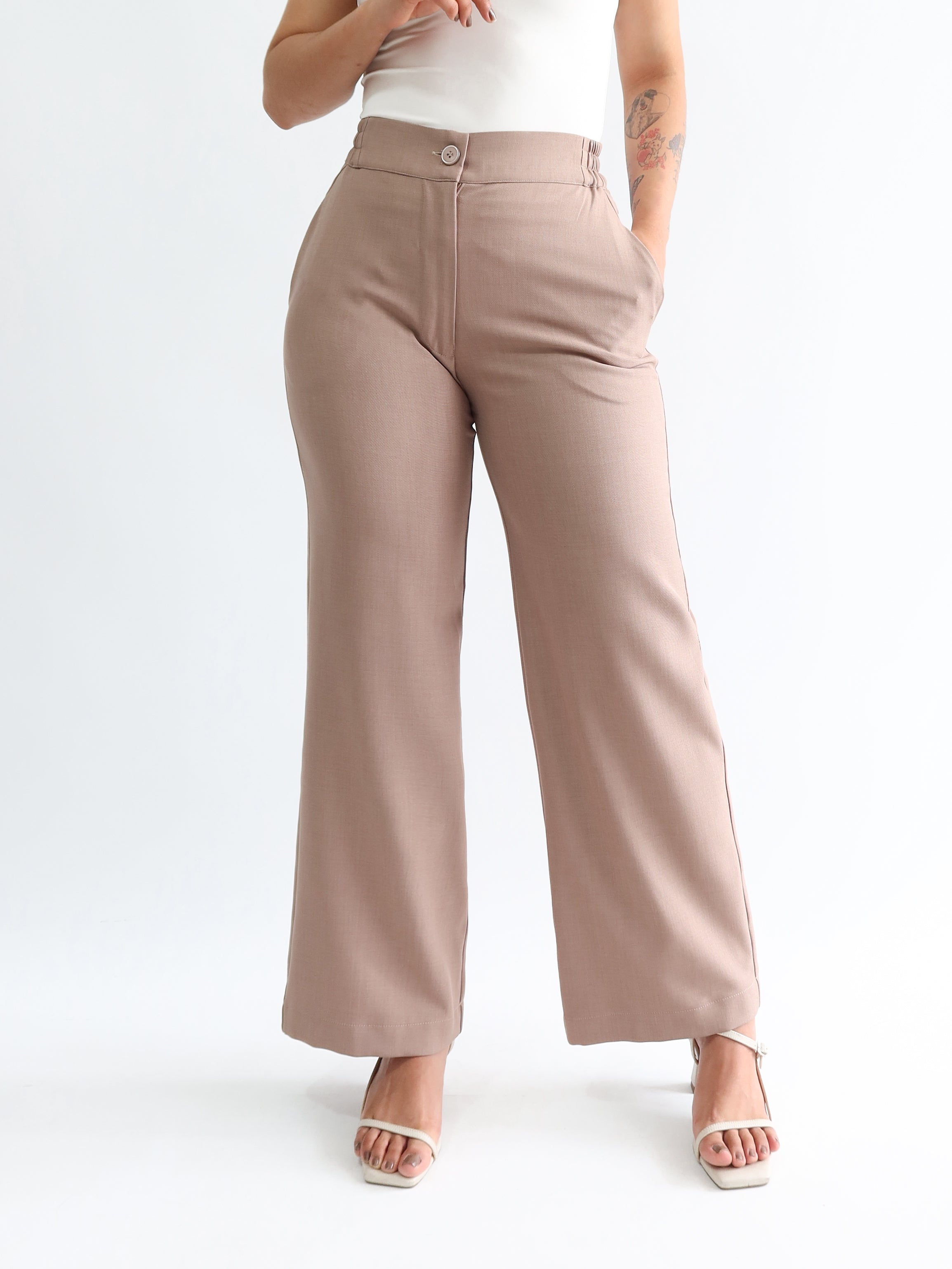 Straight pants elástico midi taupe
