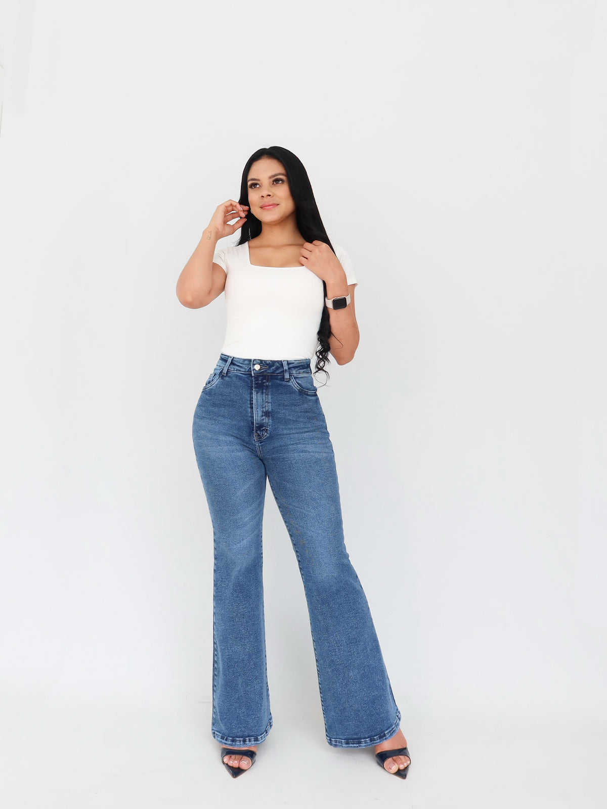 Flare regular jeans azul jaspeado