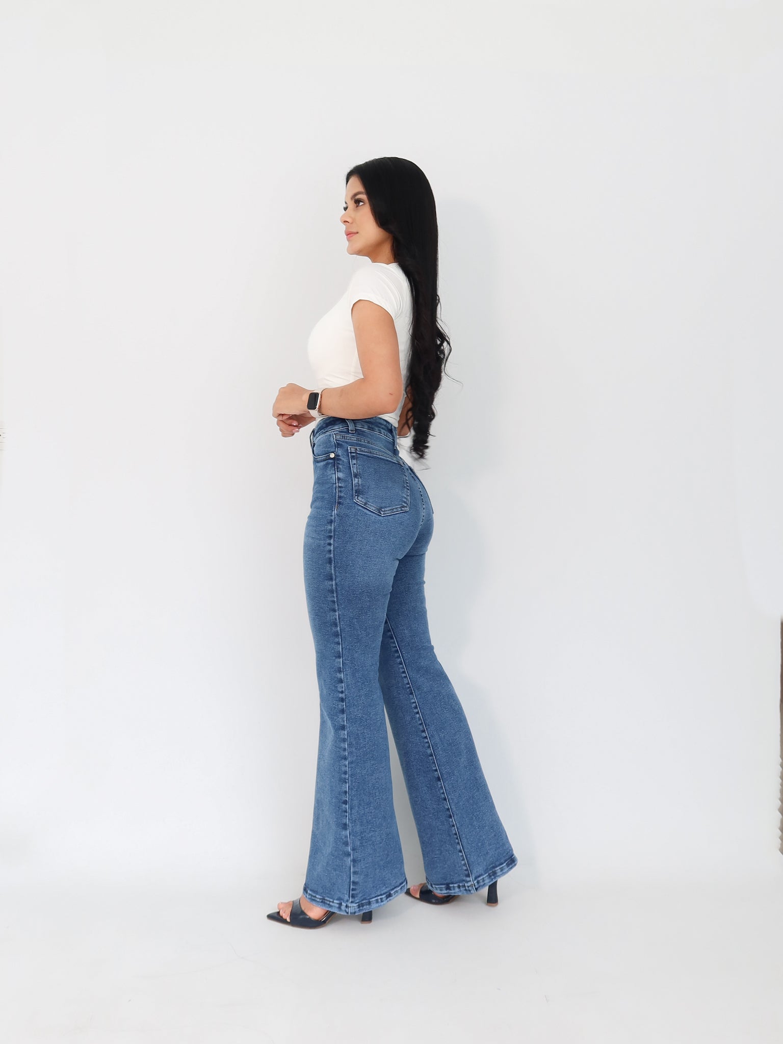 Flare regular jeans azul jaspeado