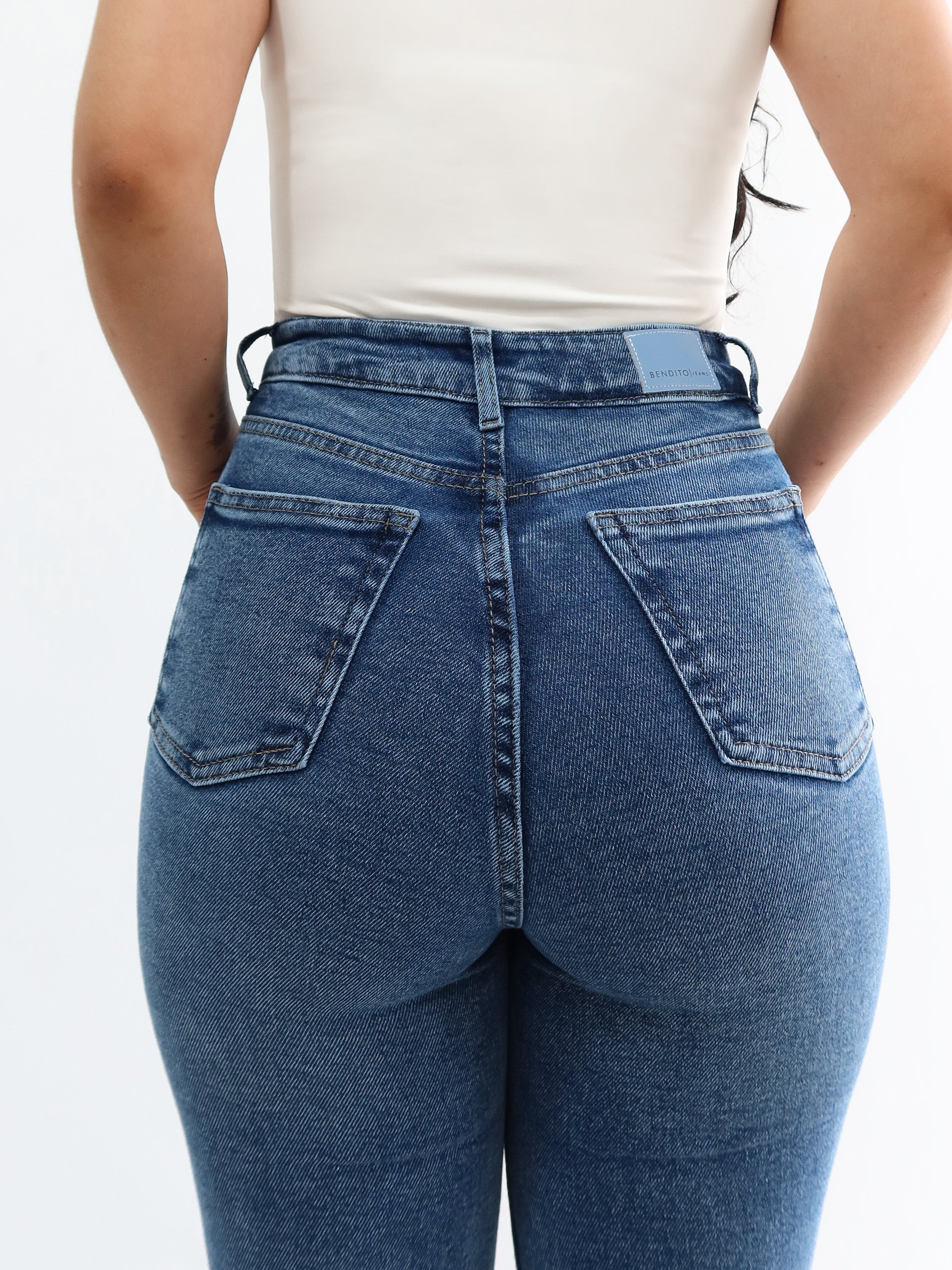 Mini bootcut jeans bigotes azul jaspeado