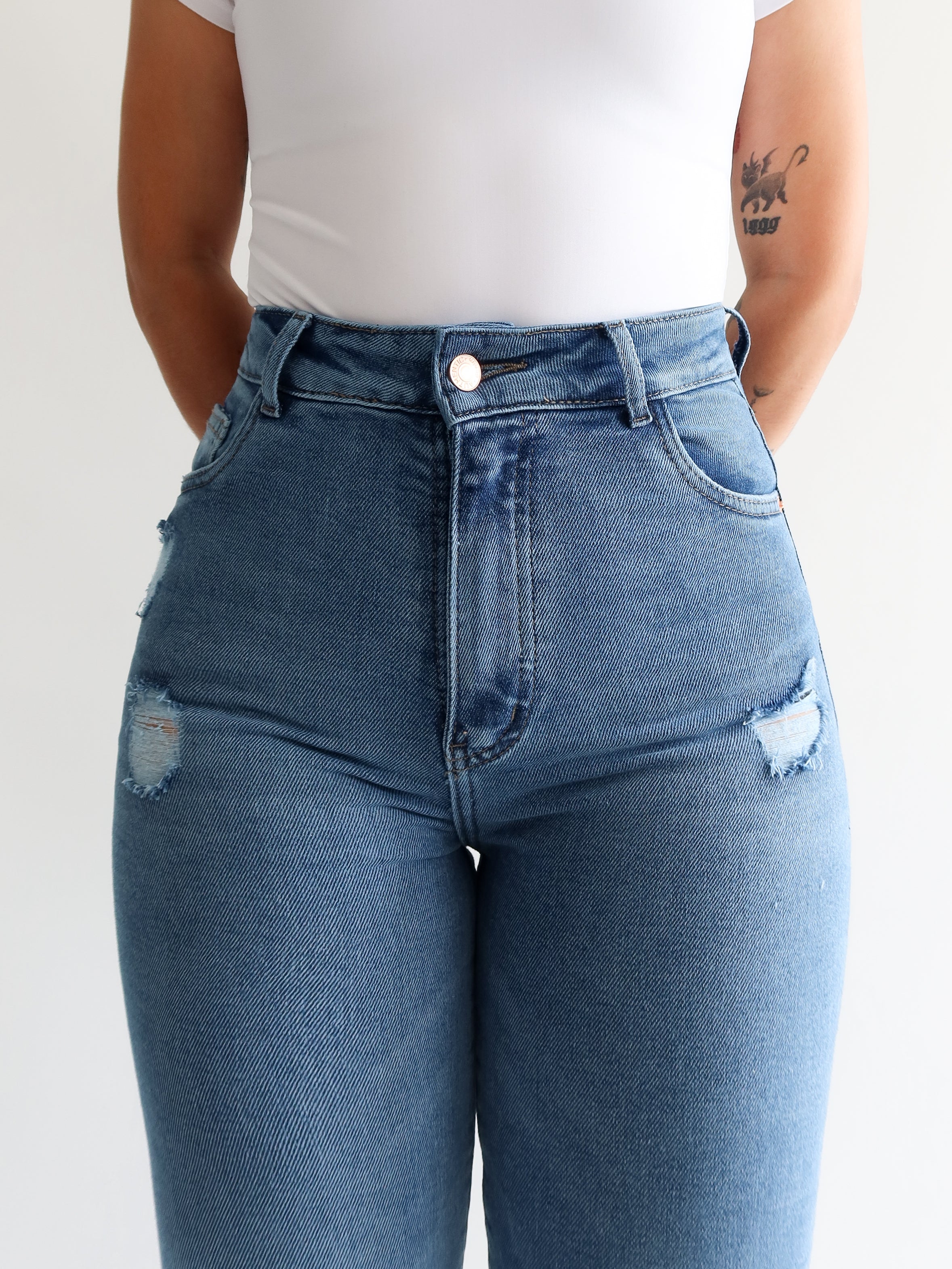 Boot cut jeans Destroyed long azul medio