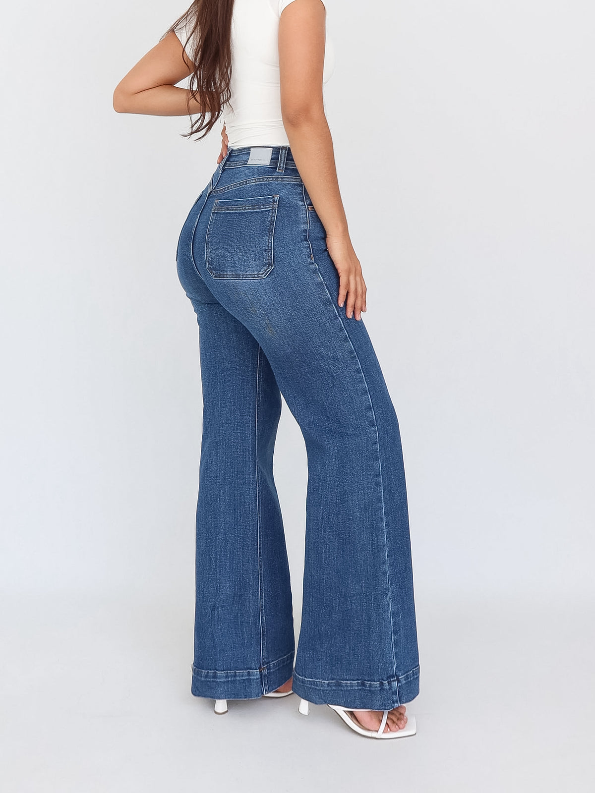 Wide leg long jeans stretch azul
