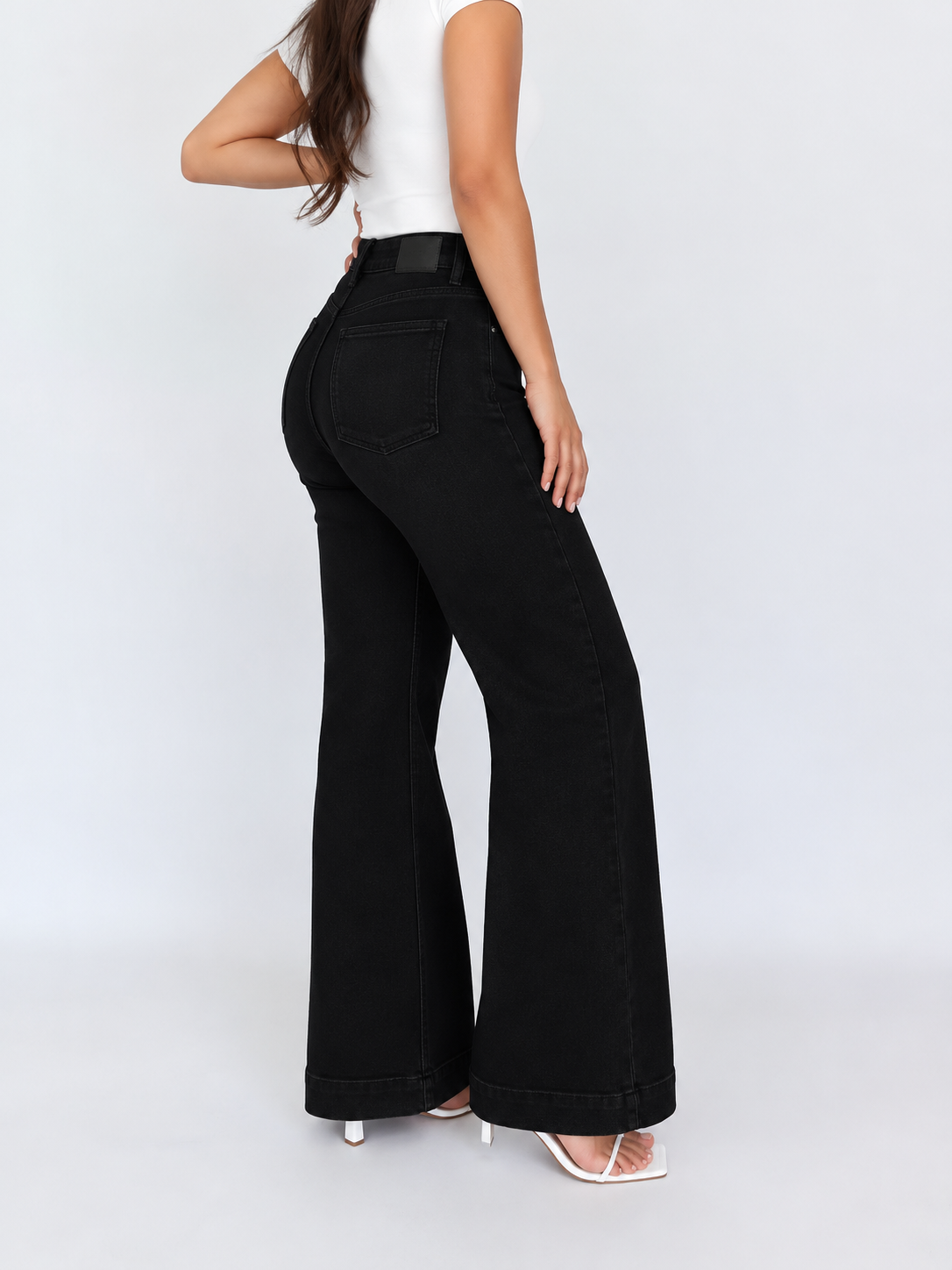 Wide leg long jeans stretch negro