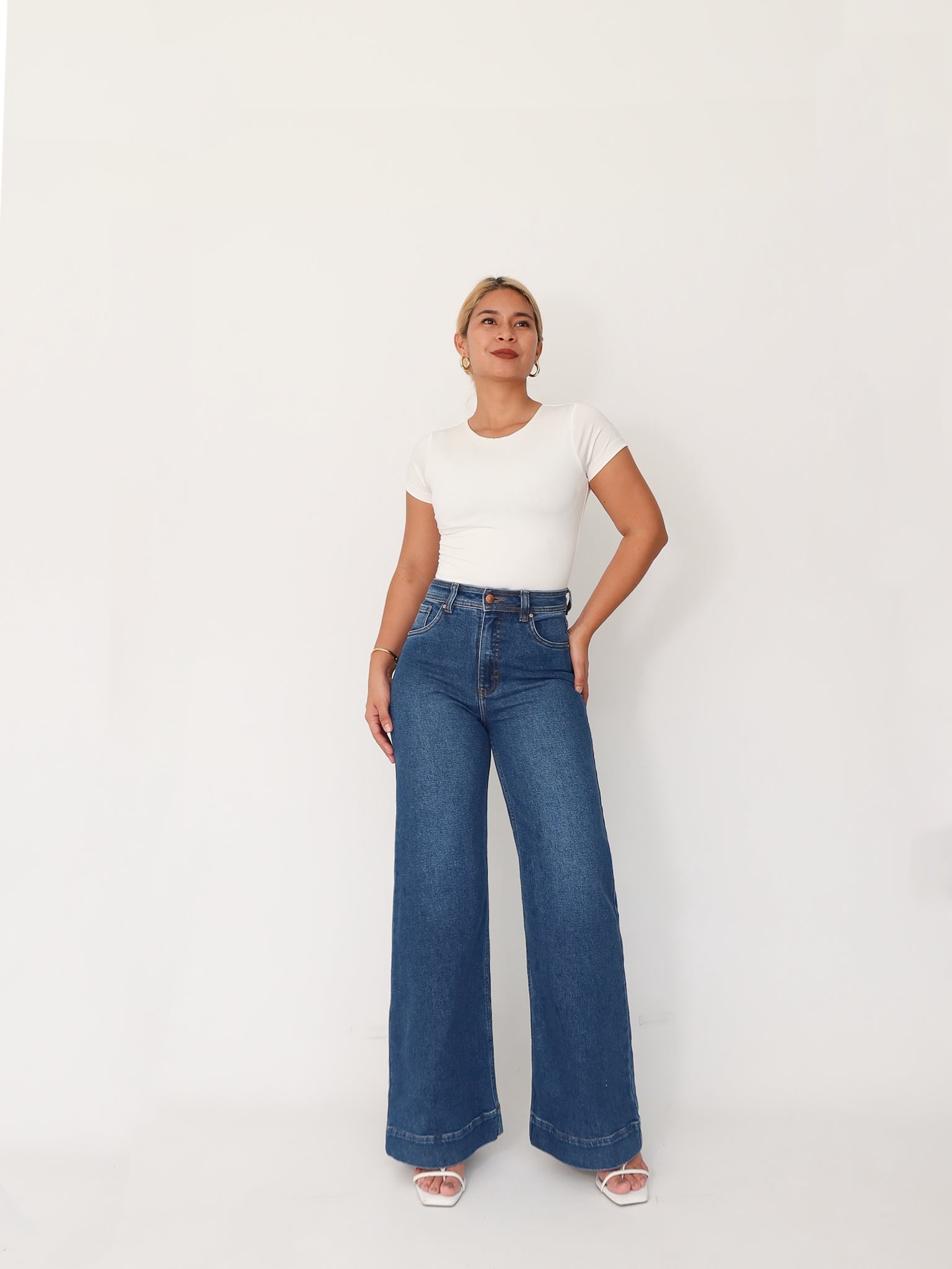 Wide leg regular jeans stretch azul