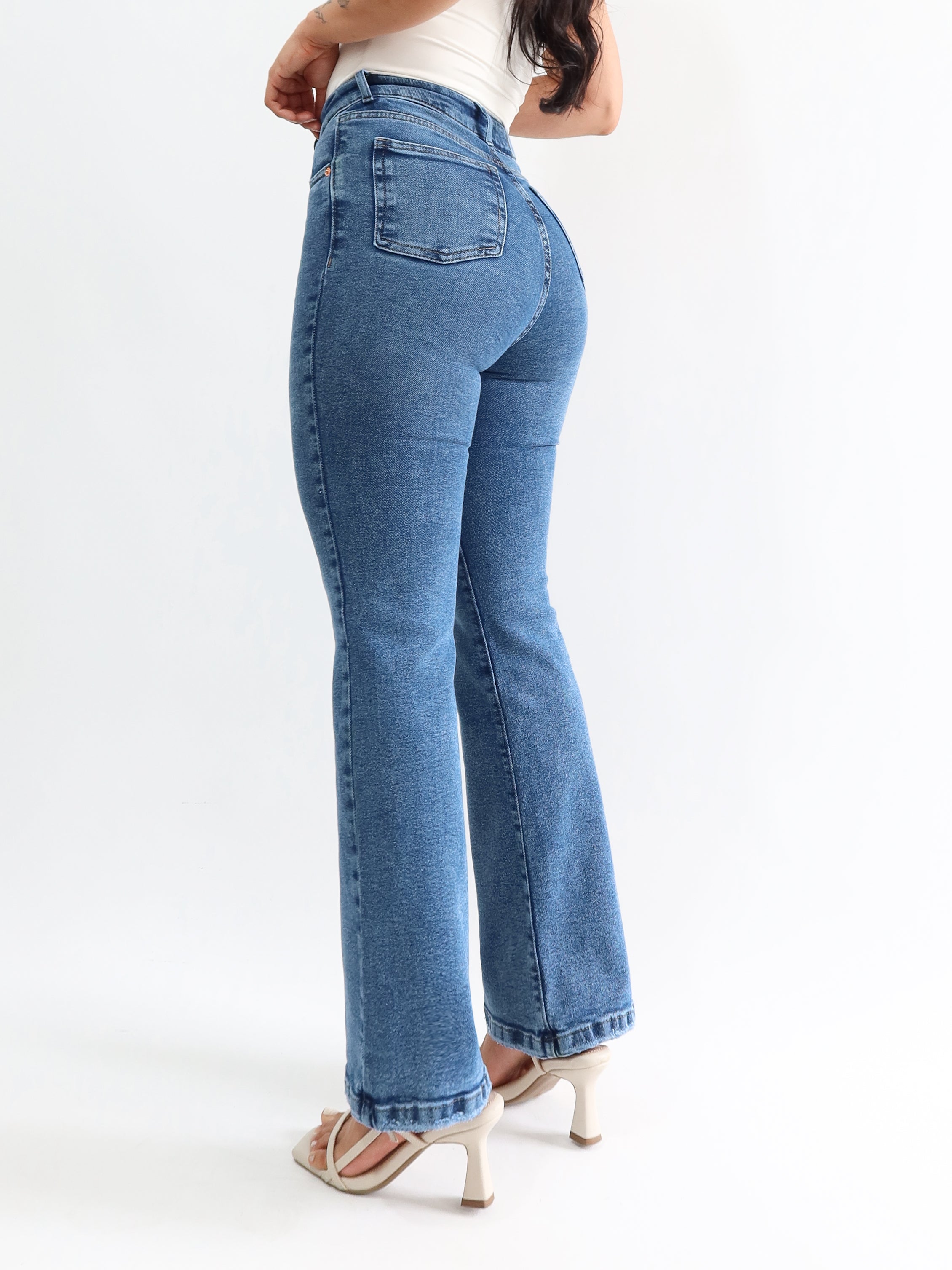 Mini bootcut jeans bigotes azul jaspeado