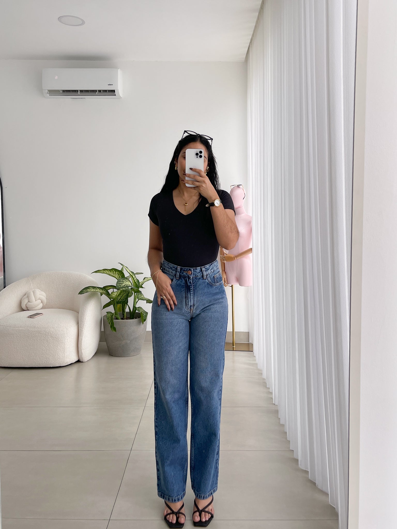 Mom straight regular azul medio