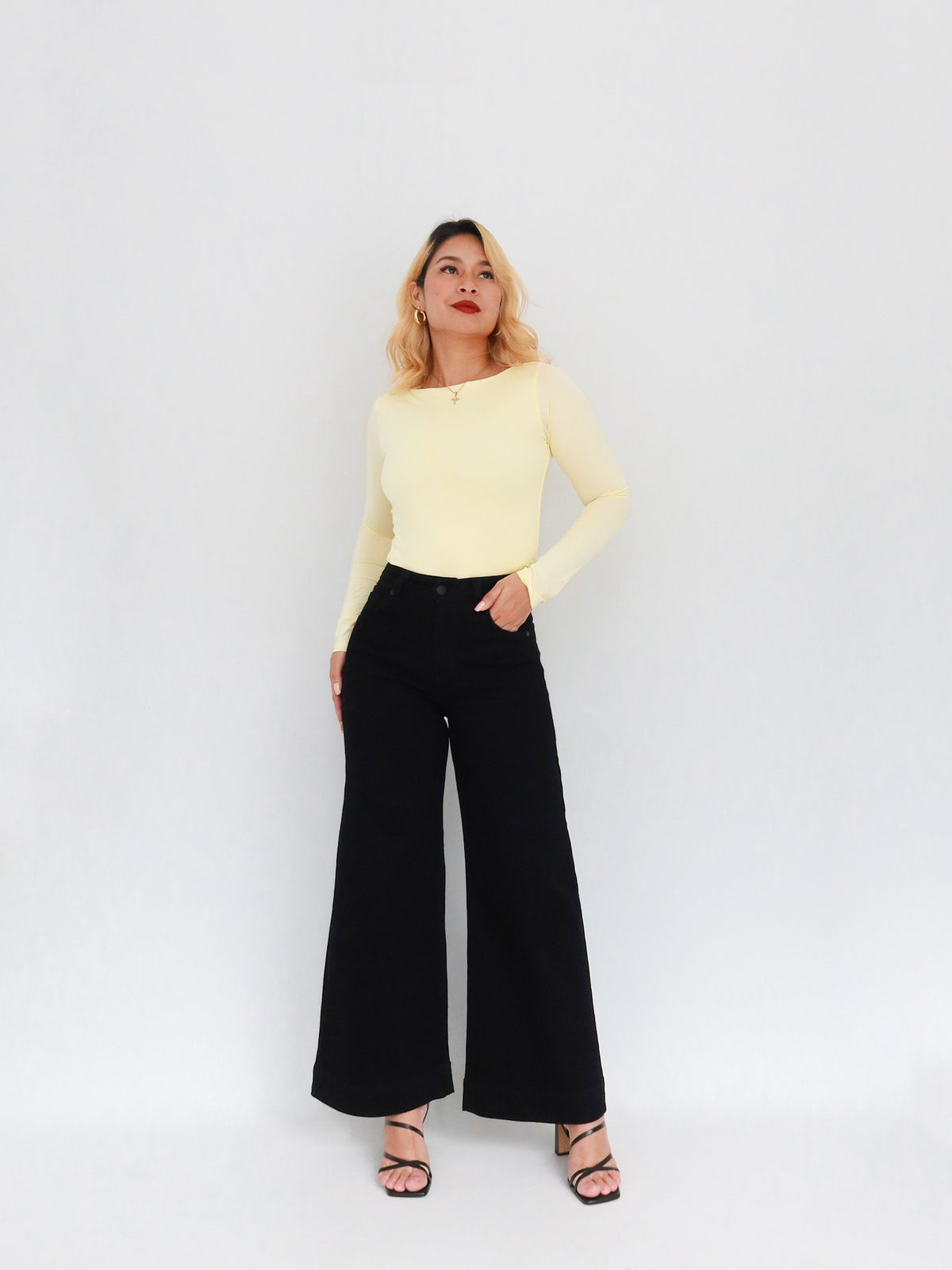 Mini wide leg jeans stretch negro
