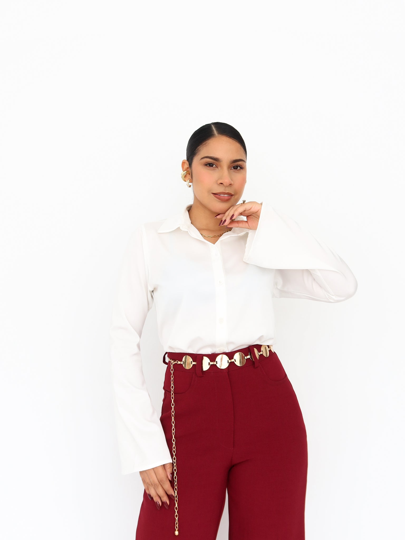 Camisa satinada manga campana off white