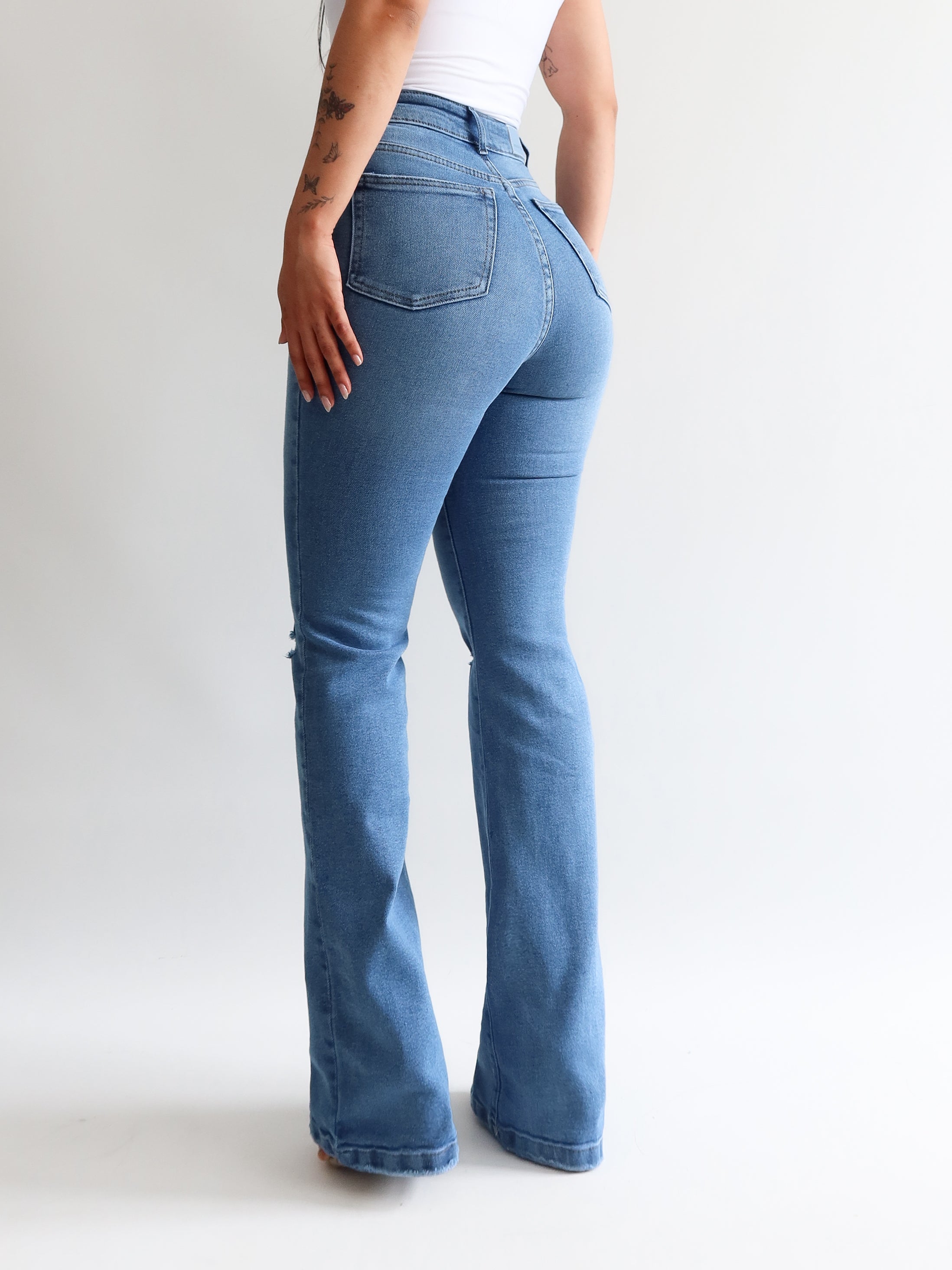 Boot cut jeans Destroyed long azul medio