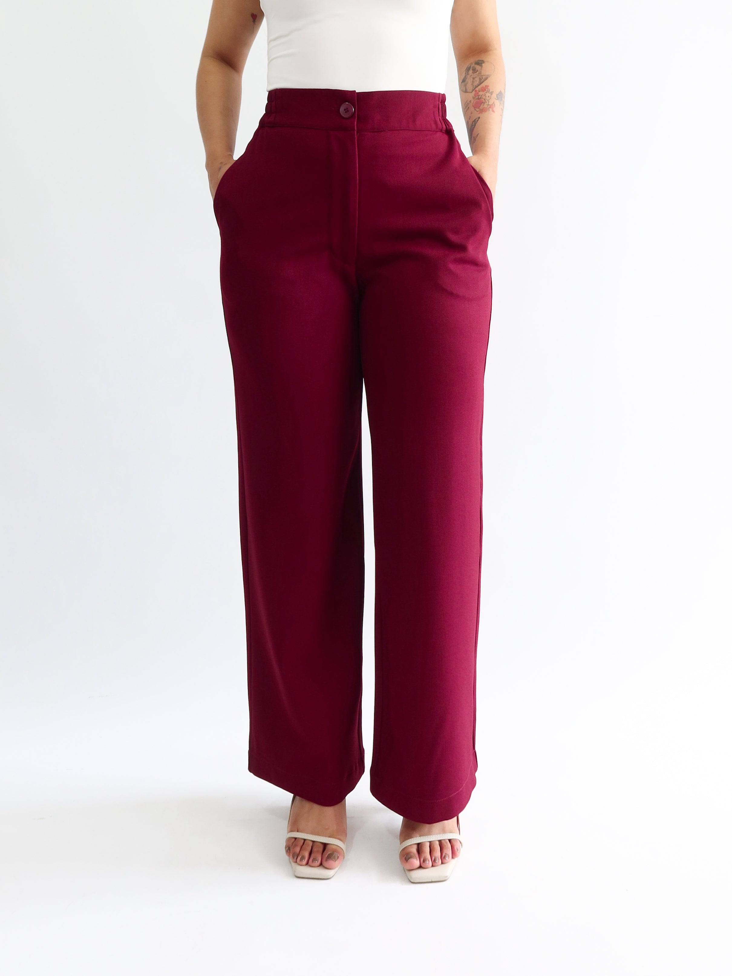 Straight pants elástico midi vino