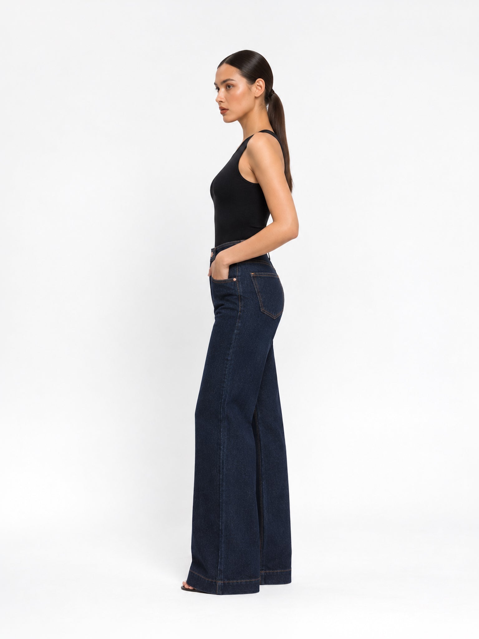 Wide leg long jeans stretch azul oscuro