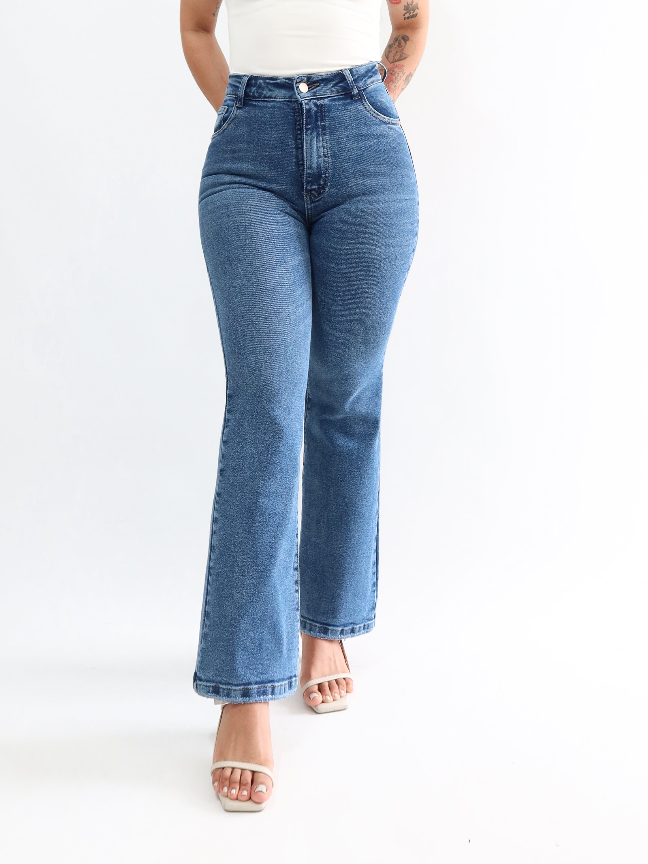 Mini bootcut jeans bigotes azul jaspeado