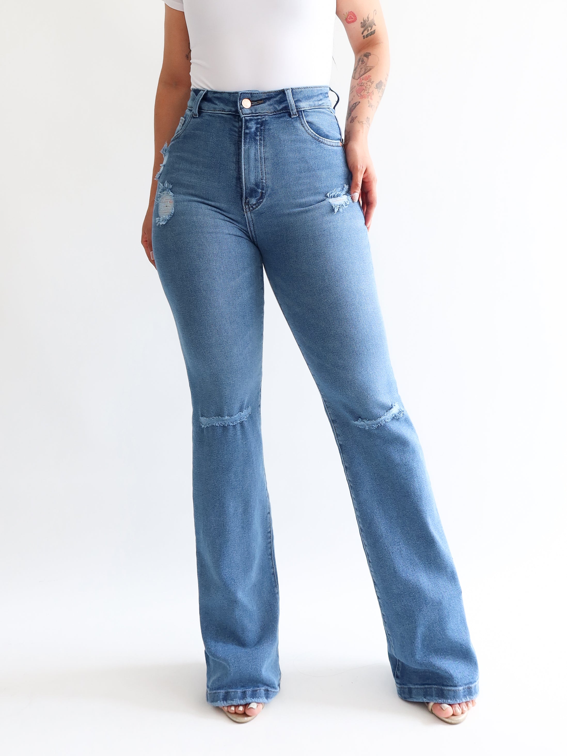 Boot cut jeans Destroyed long azul medio