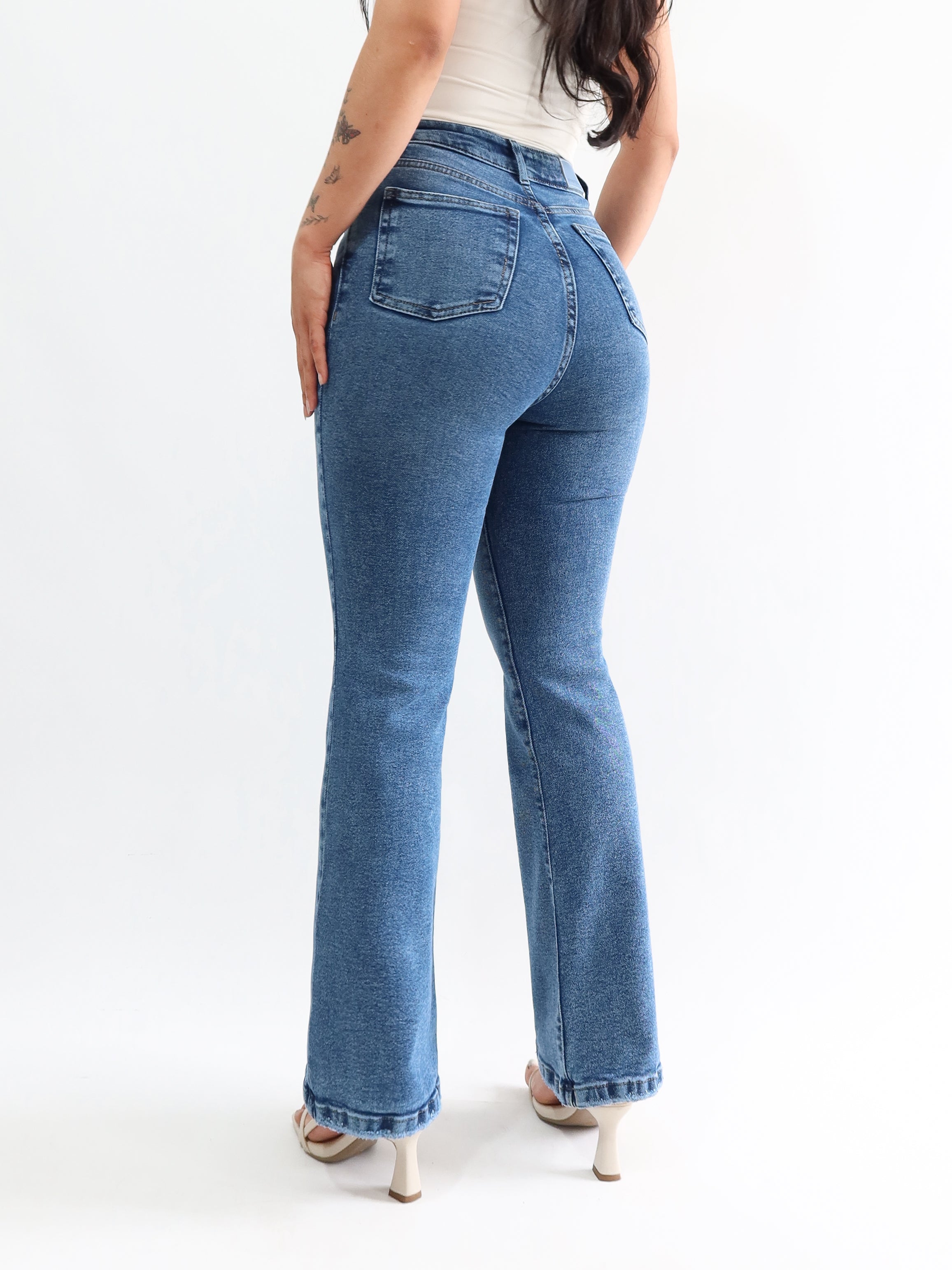 Mini bootcut jeans bigotes azul jaspeado