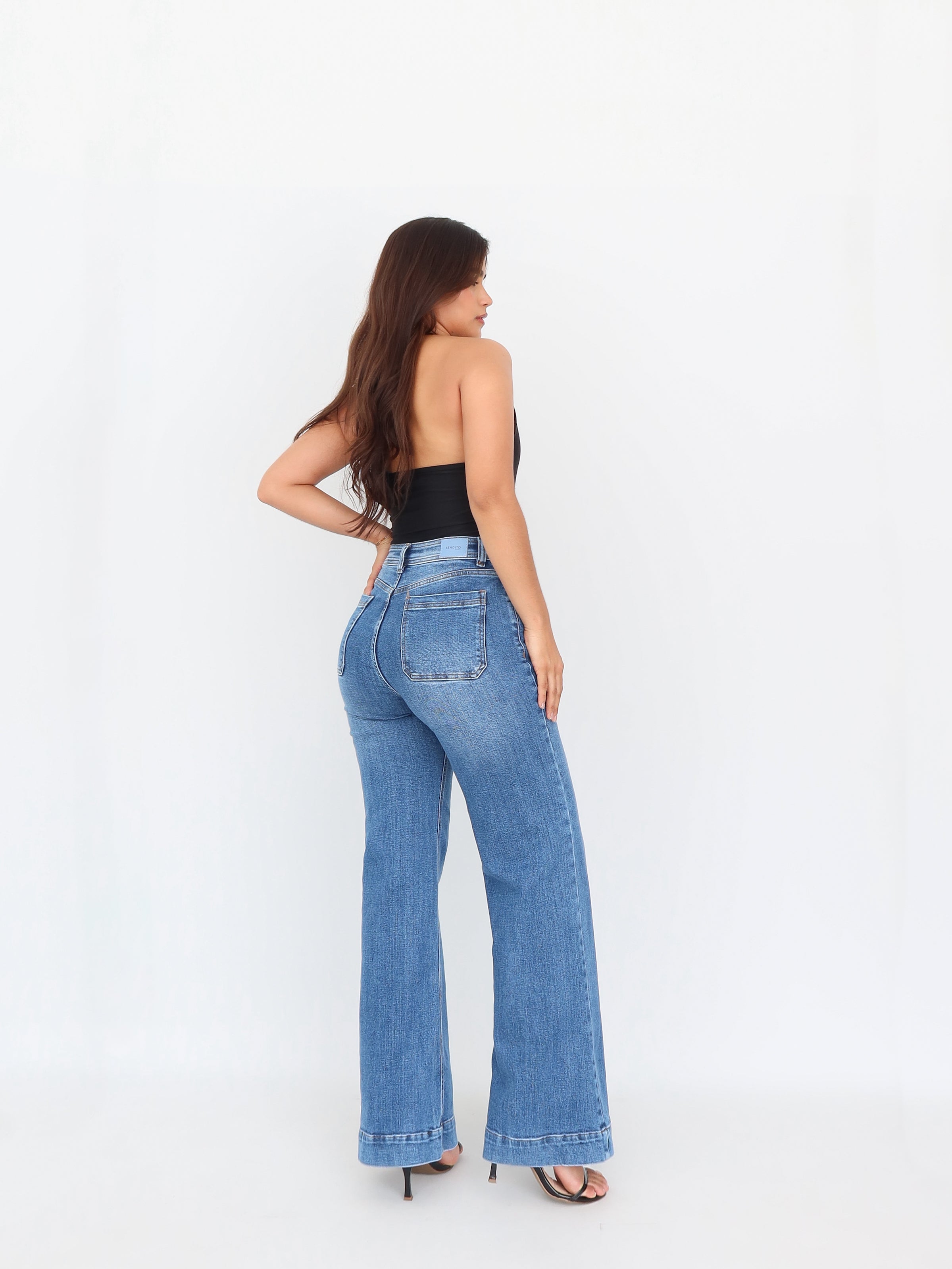 Wide leg long jeans stretch azul medio