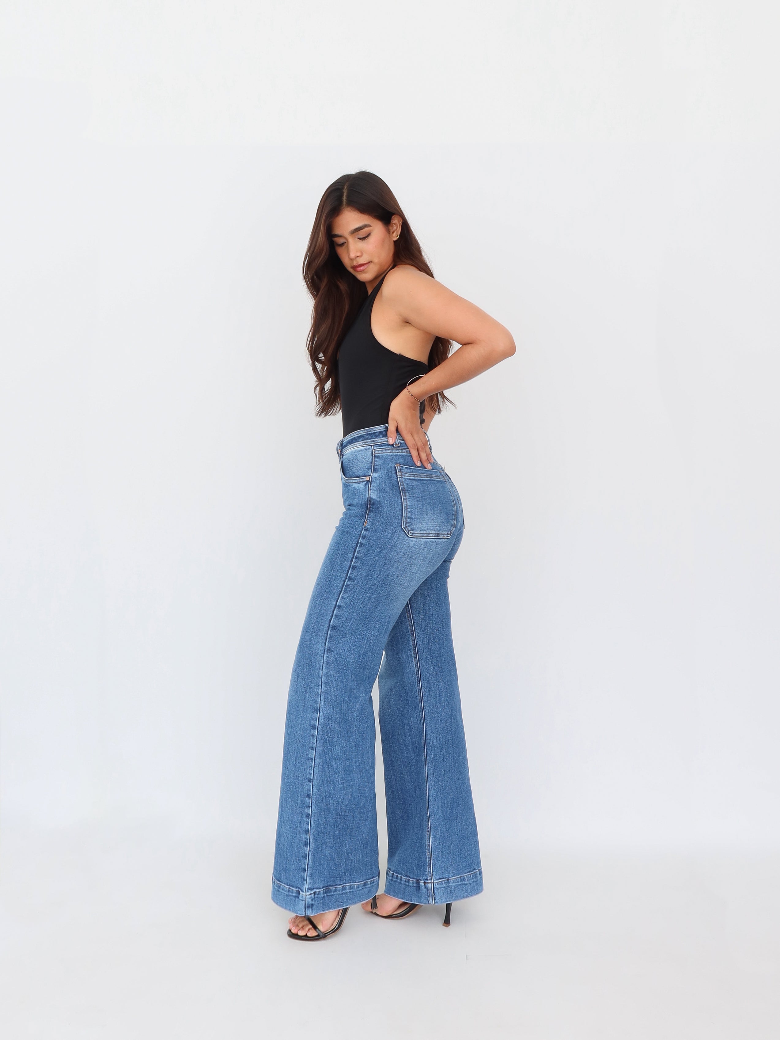 Wide leg long jeans stretch azul medio
