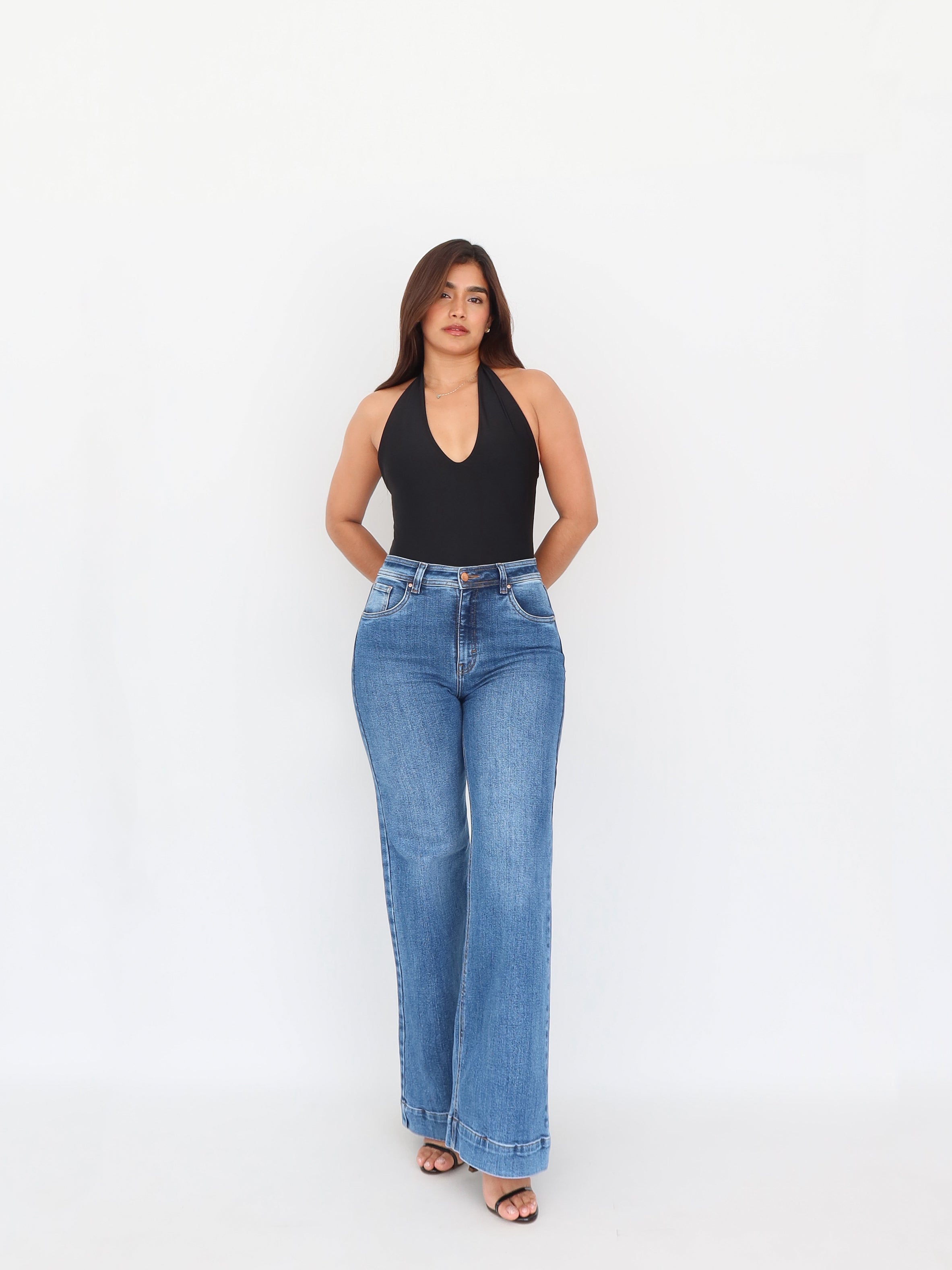 Wide leg long jeans stretch azul medio