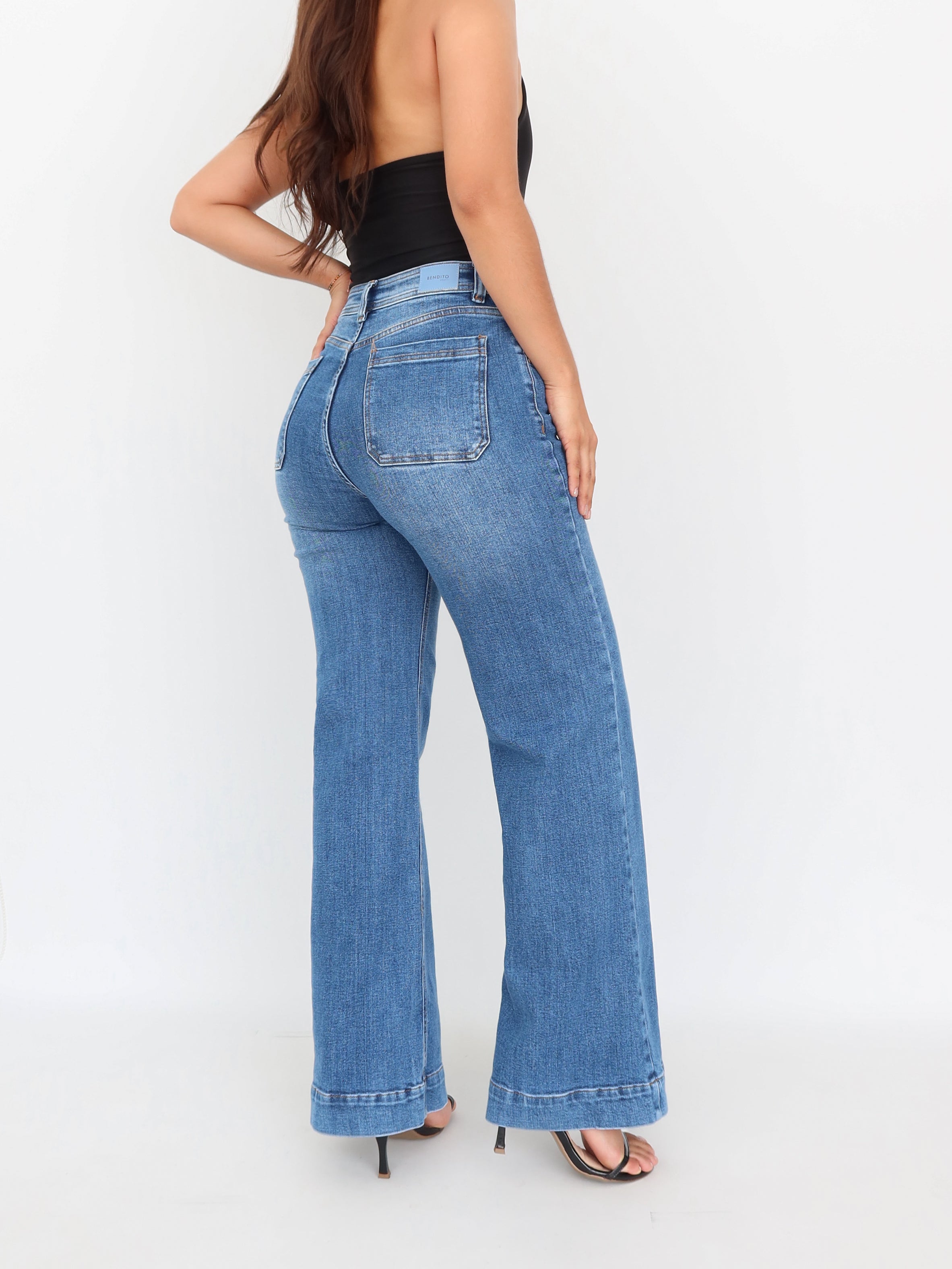 Wide leg long jeans stretch azul medio