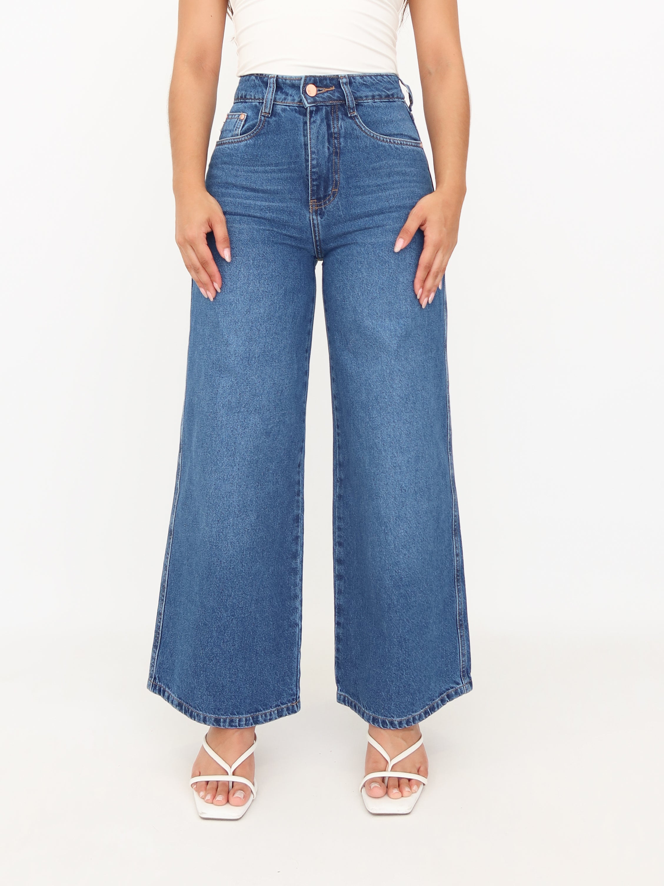 Mini wide leg jeans azul medio