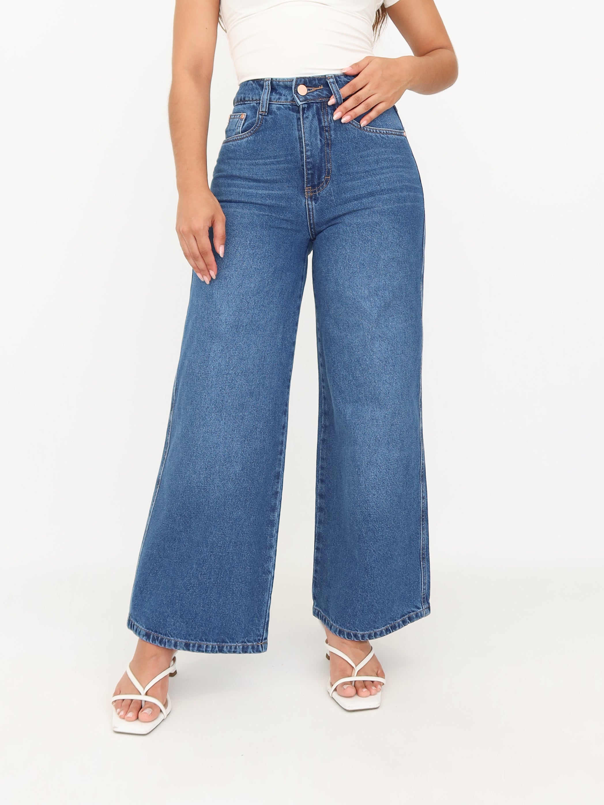 Mini wide leg jeans azul medio