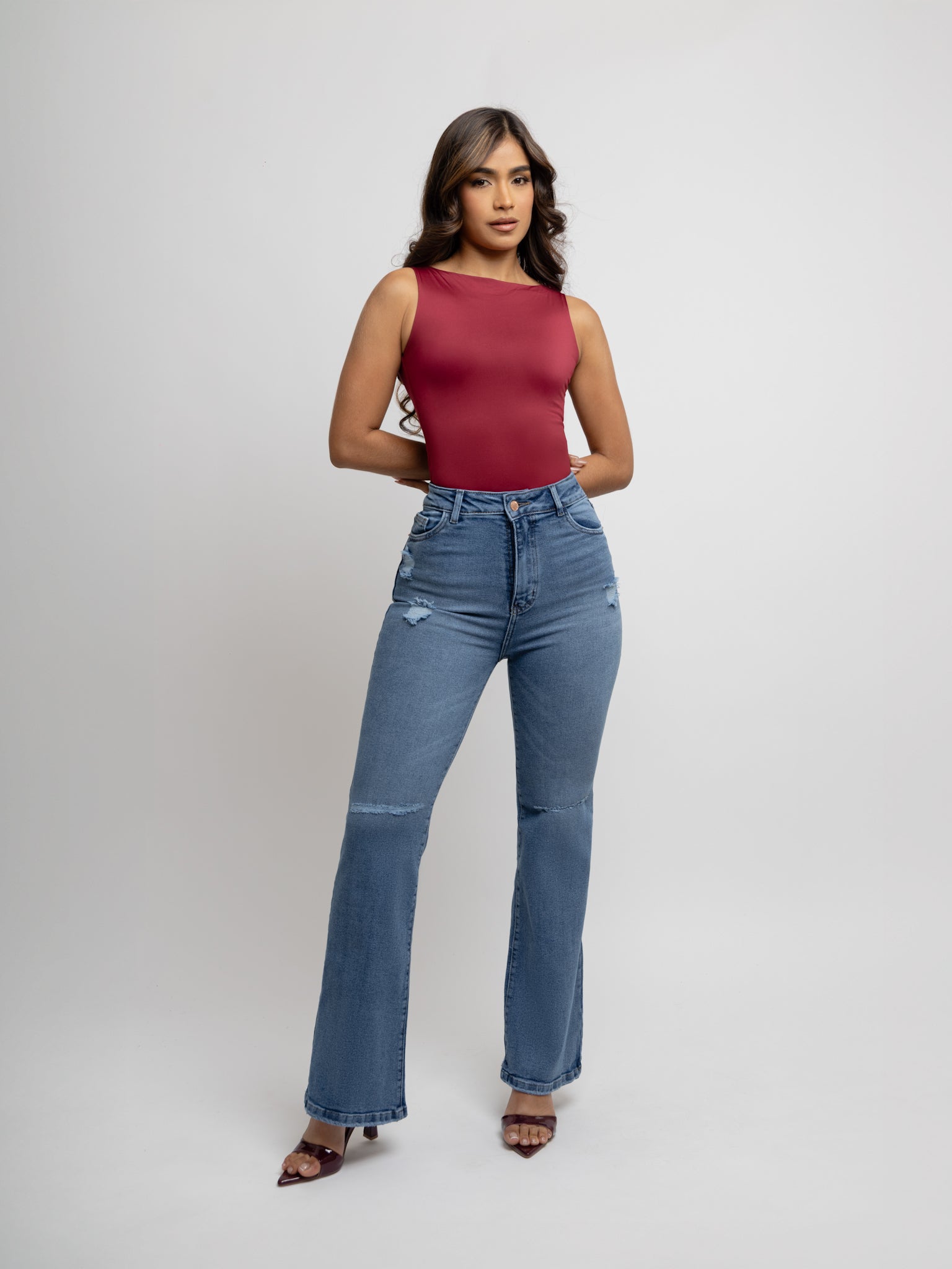 Boot cut jeans Destroyed long azul medio