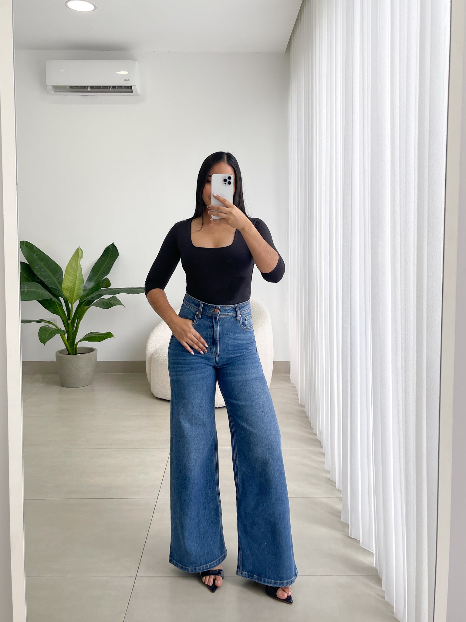 Wide leg regular jeans stretch azul medio