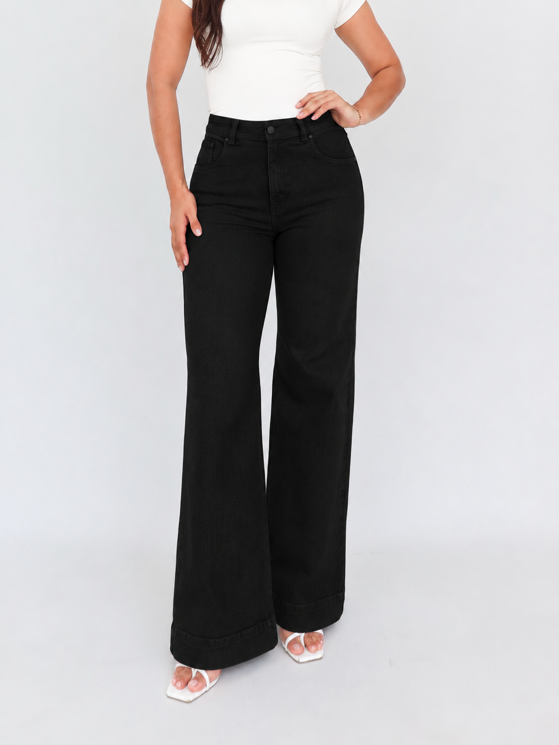 Wide leg long jeans stretch negro