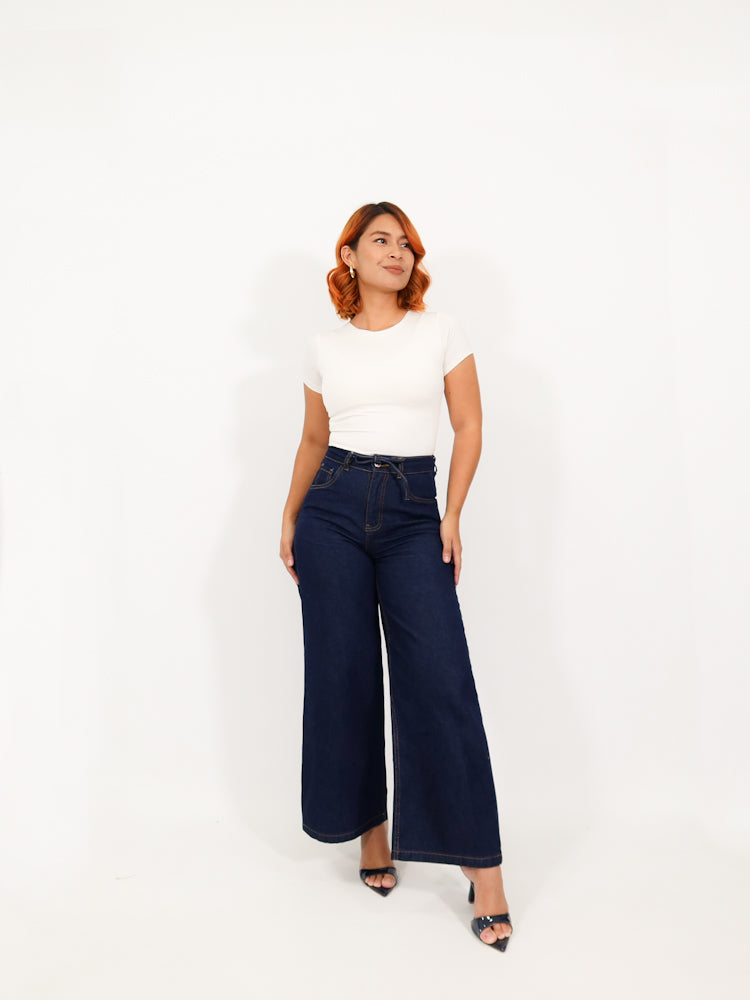 Wide leg regular jeans elastico azul oscuro