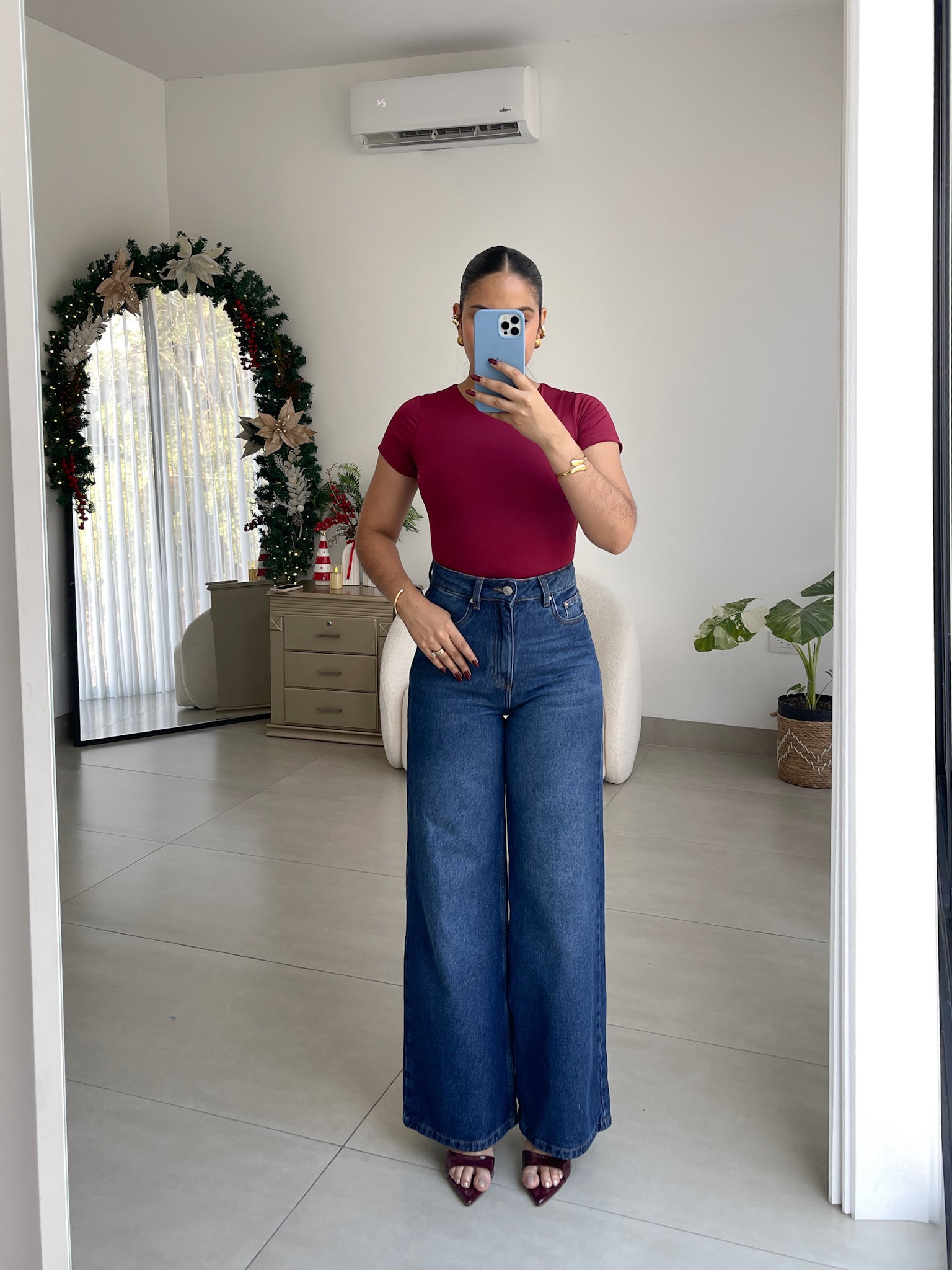 Wide leg regular jeans bigotes azul