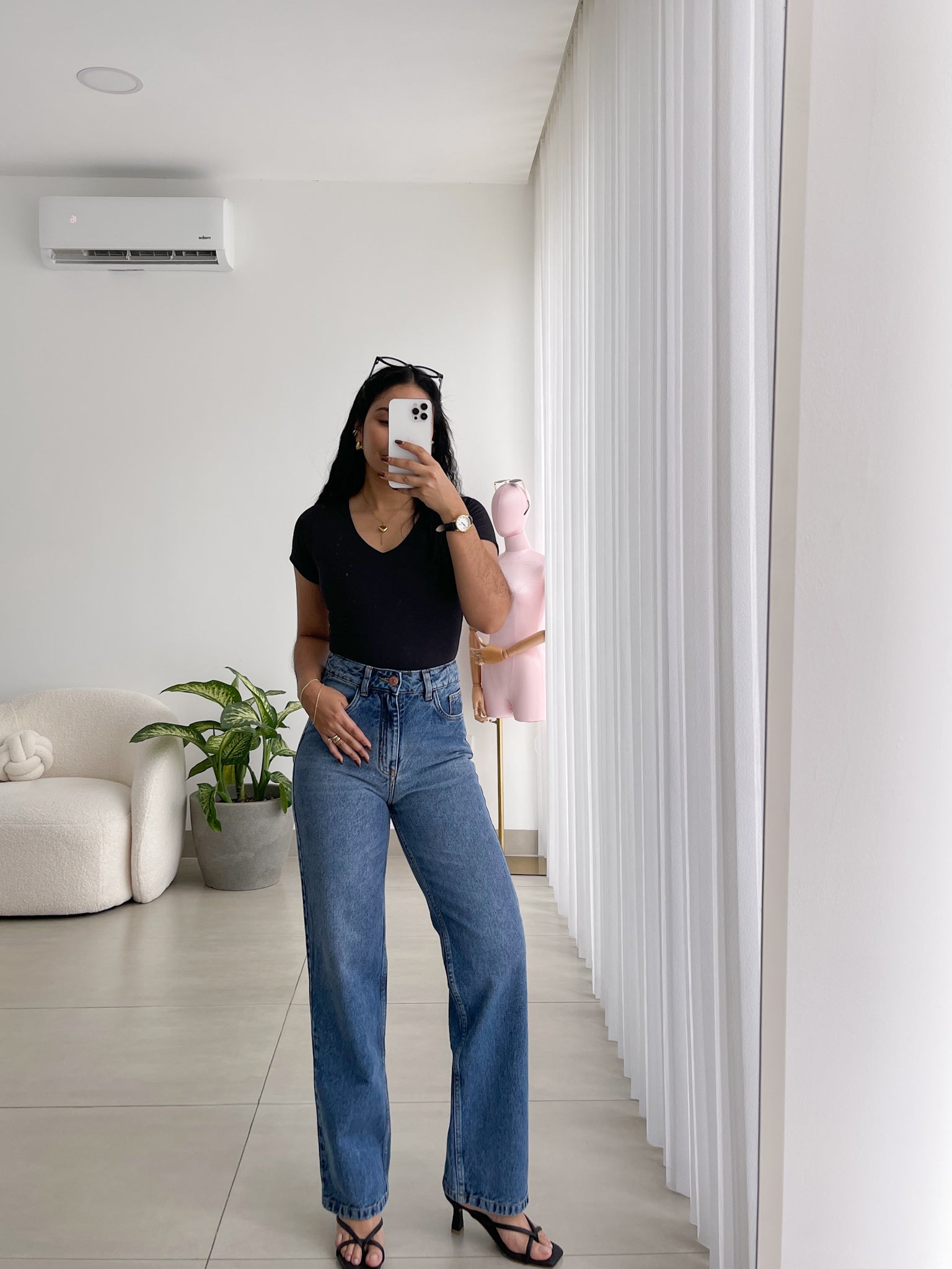 Mom straight regular azul medio