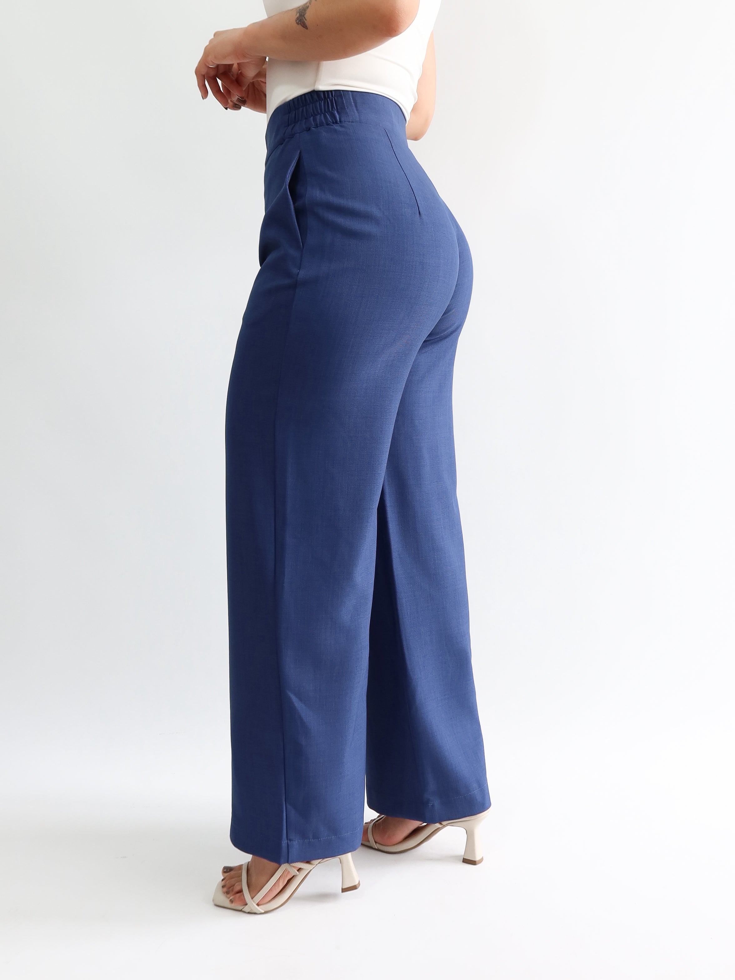 Straight pants elástico midi azul