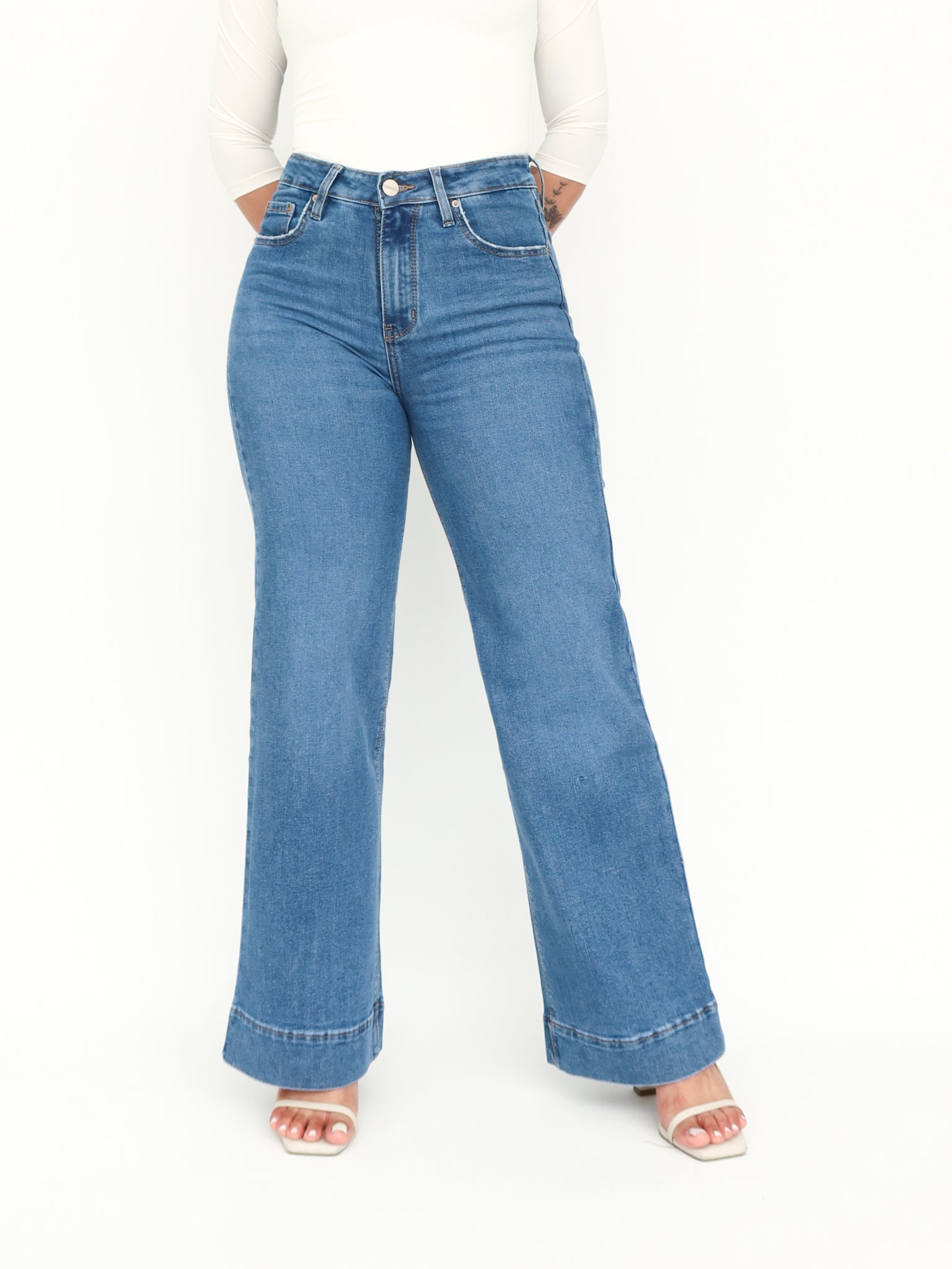 Wide leg regular jeans stretch azul medio
