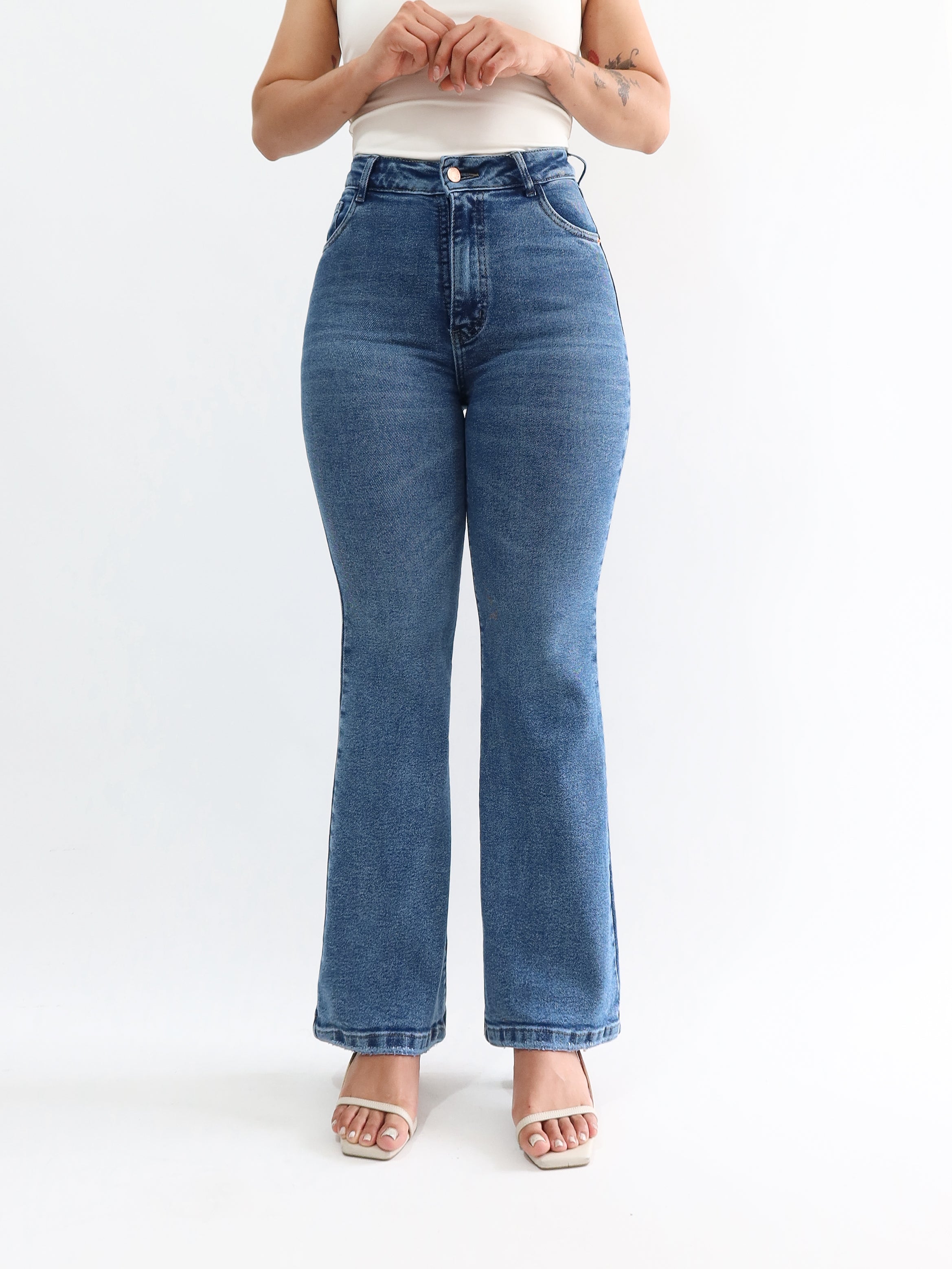 Mini bootcut jeans bigotes azul jaspeado