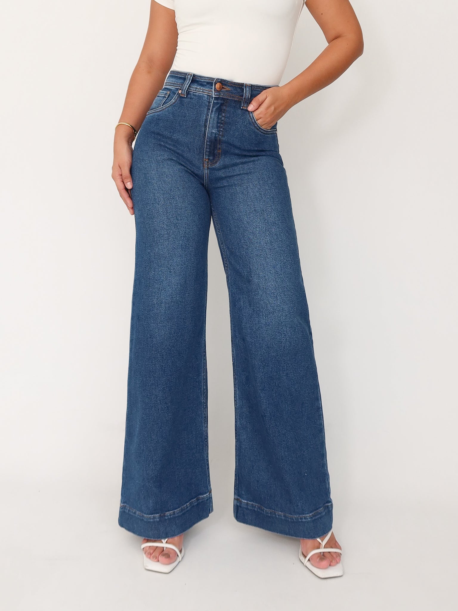 Wide leg regular jeans stretch azul