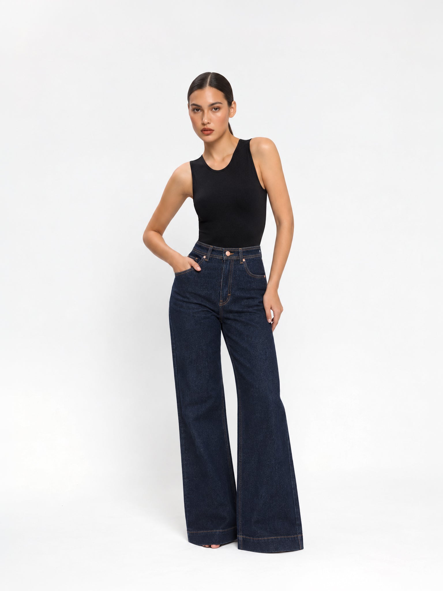 Wide leg long jeans stretch azul oscuro
