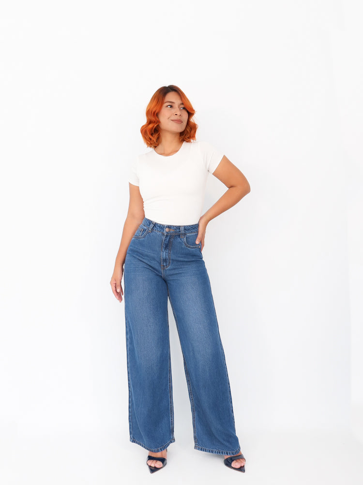 Wide leg regular jeans liviano azul