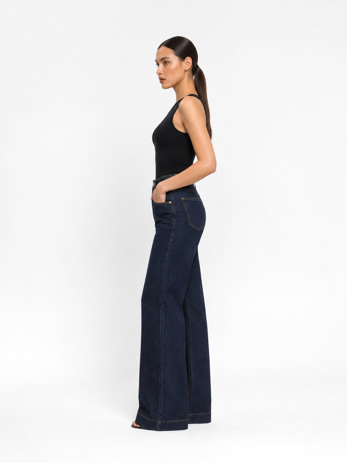 Wide leg long jeans stretch azul oscuro