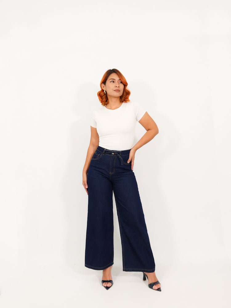 Wide leg regular jeans elastico azul oscuro
