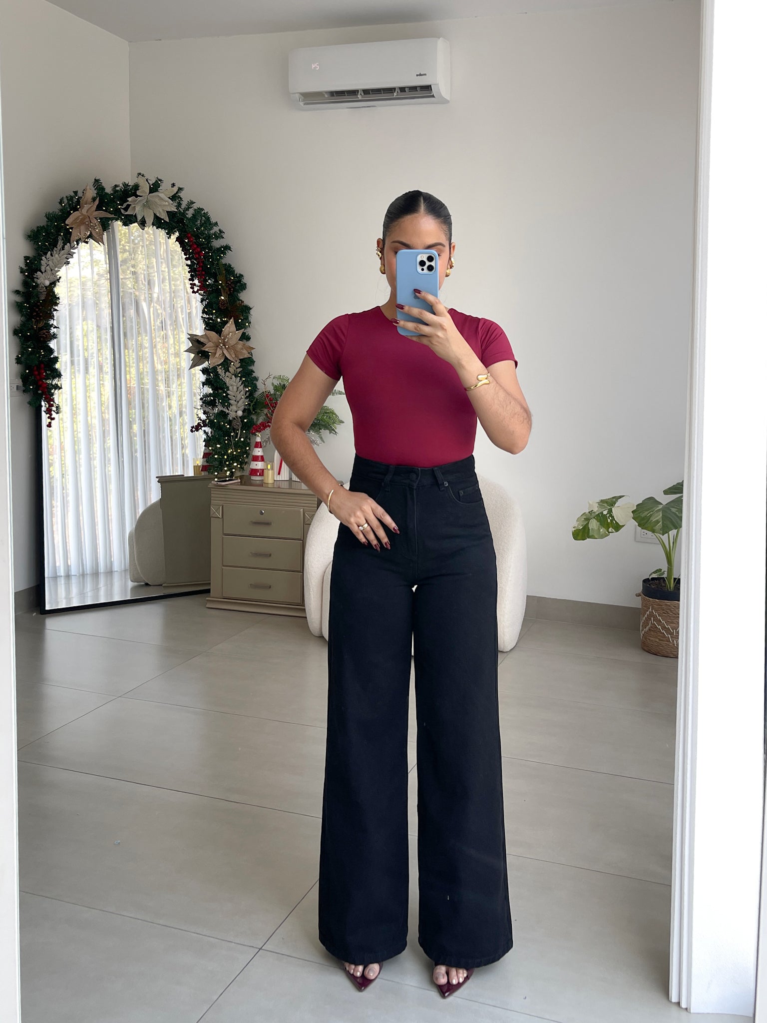 Wide leg regular jeans negro