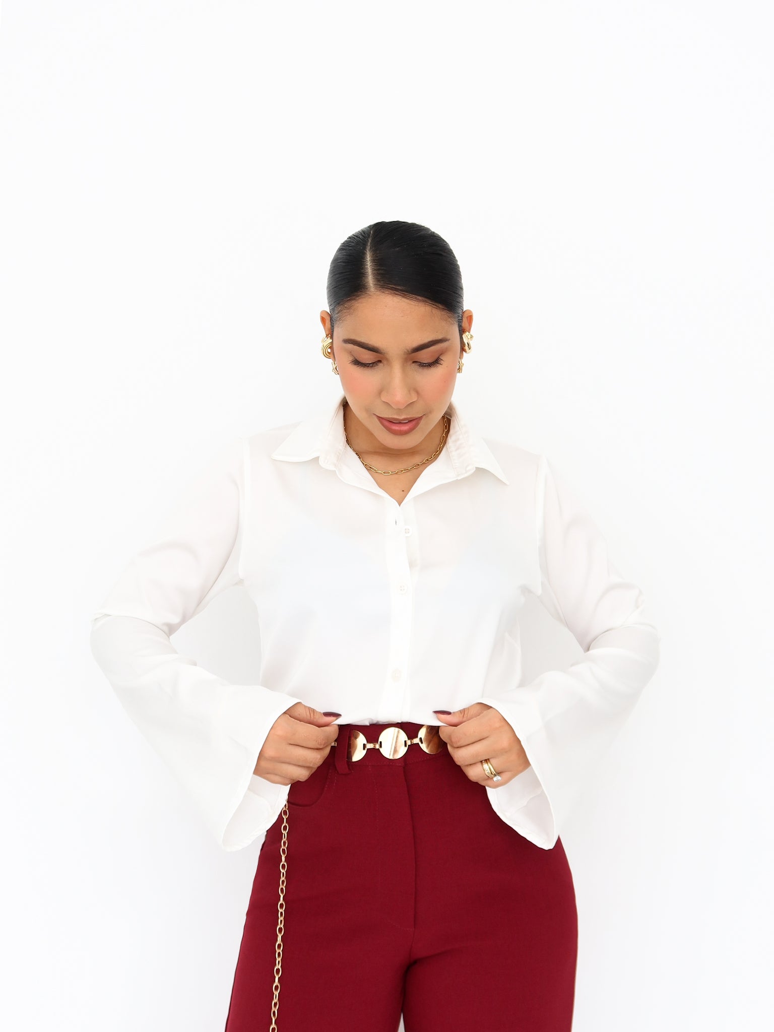 Camisa satinada manga campana off white