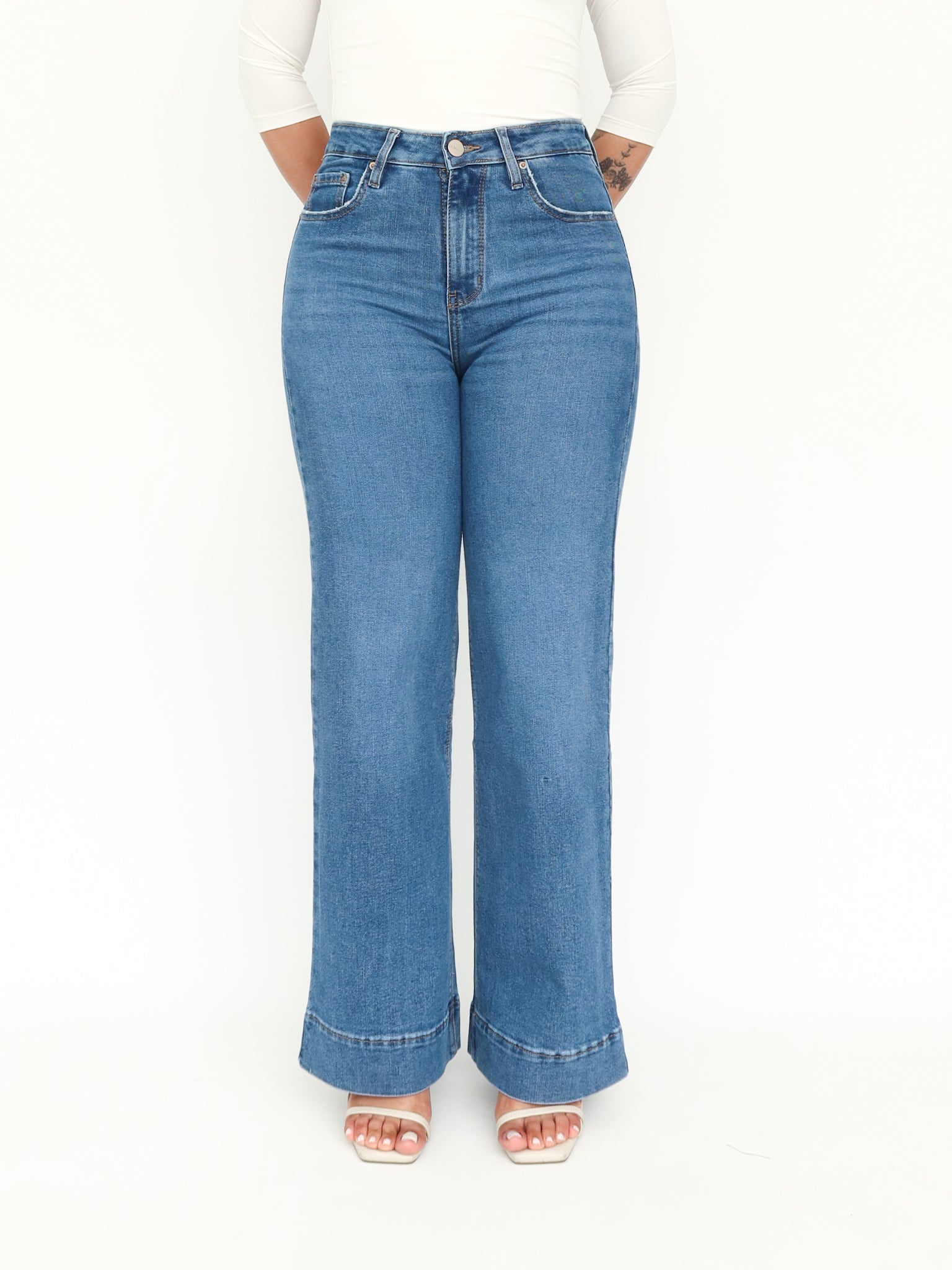 Wide leg regular jeans stretch azul medio