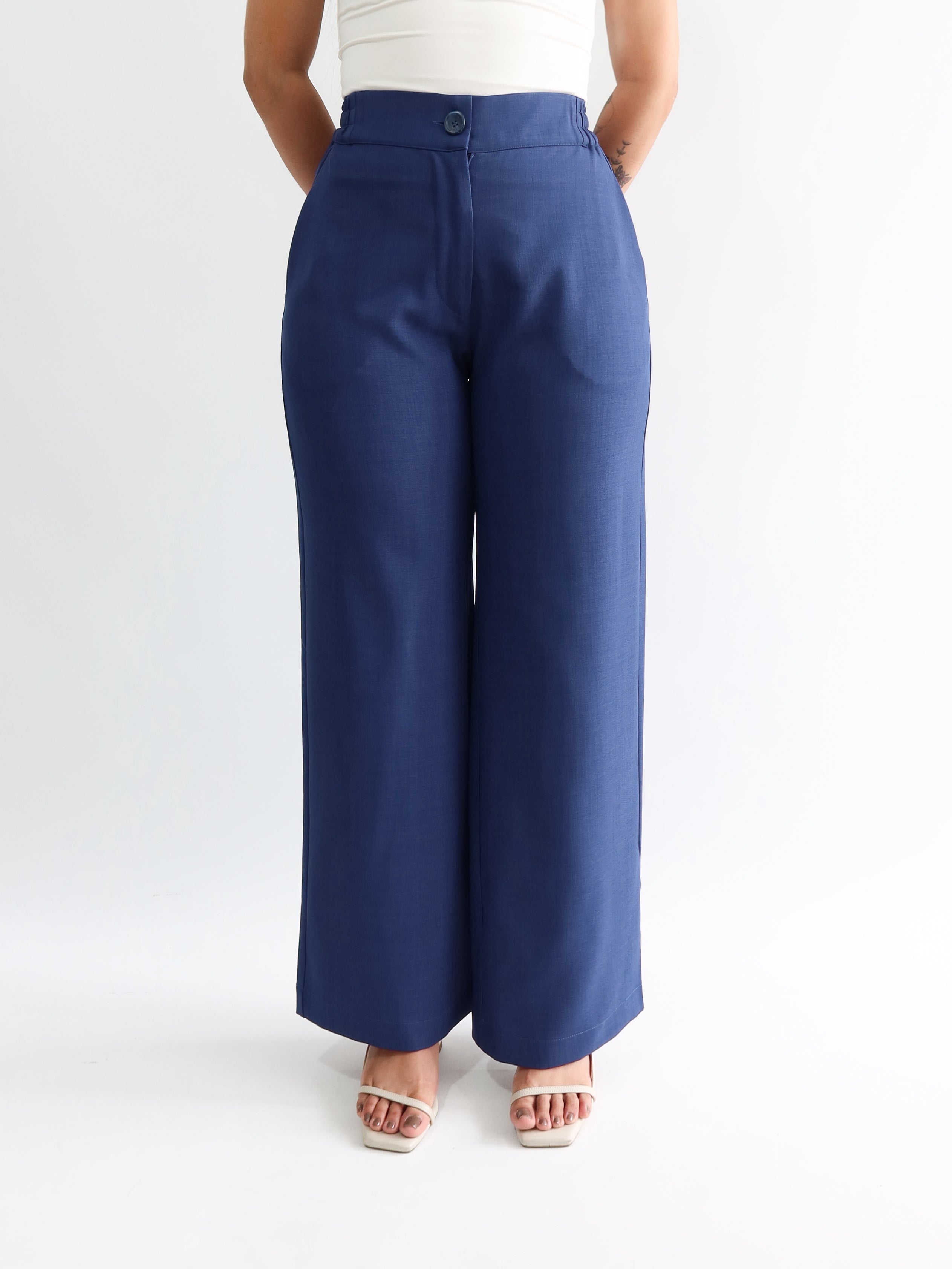 Straight pants elástico midi azul