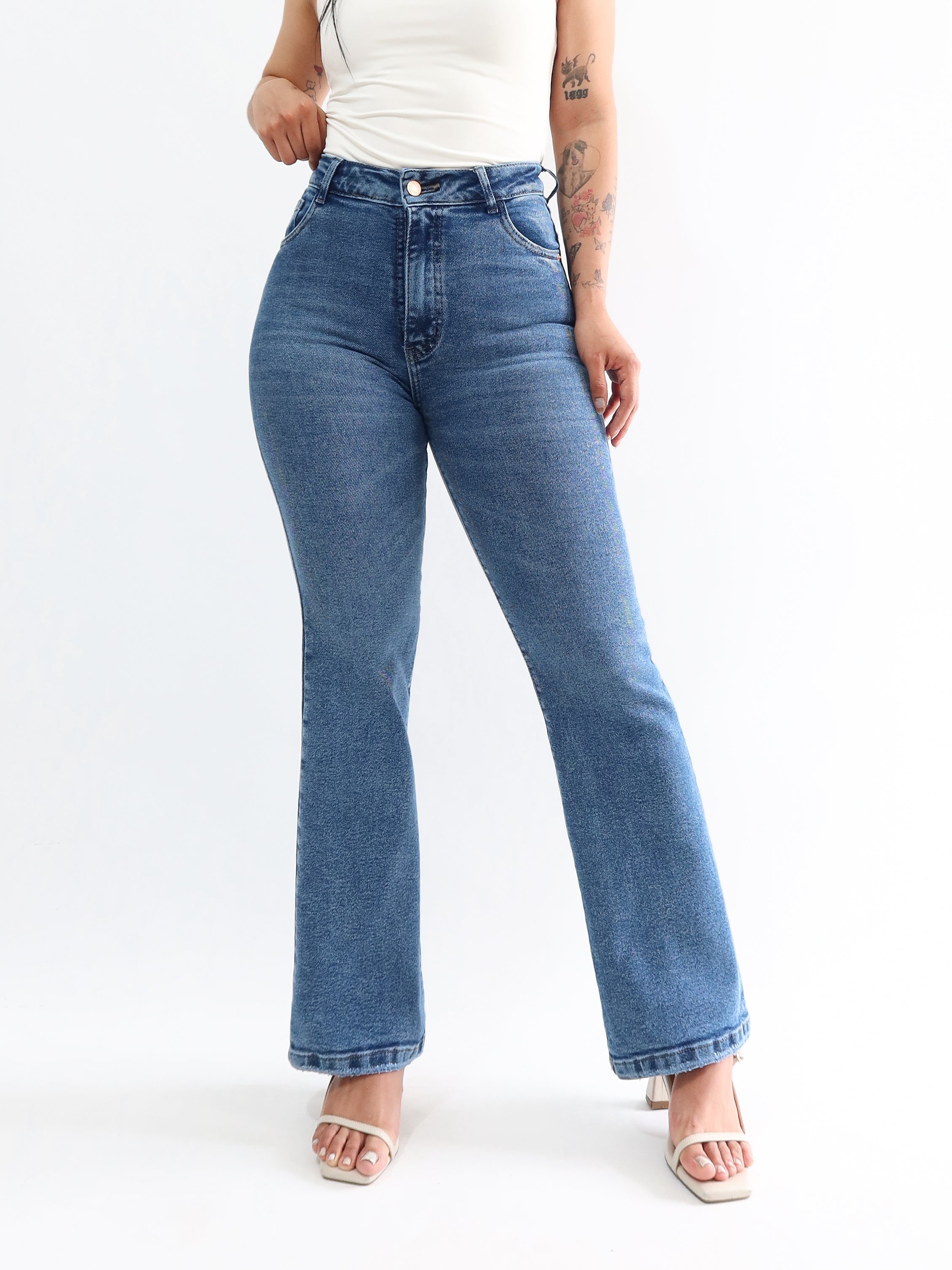 Mini bootcut jeans bigotes azul jaspeado