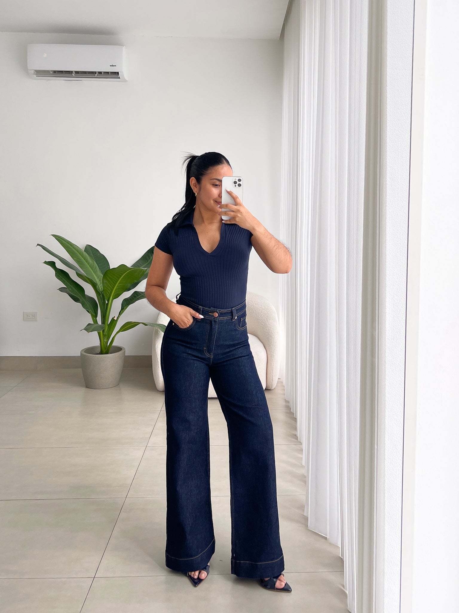 Wide leg jeans stretch azul oscuro