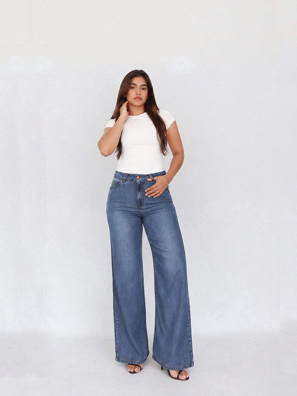 Wide leg long jeans liviano azul medio