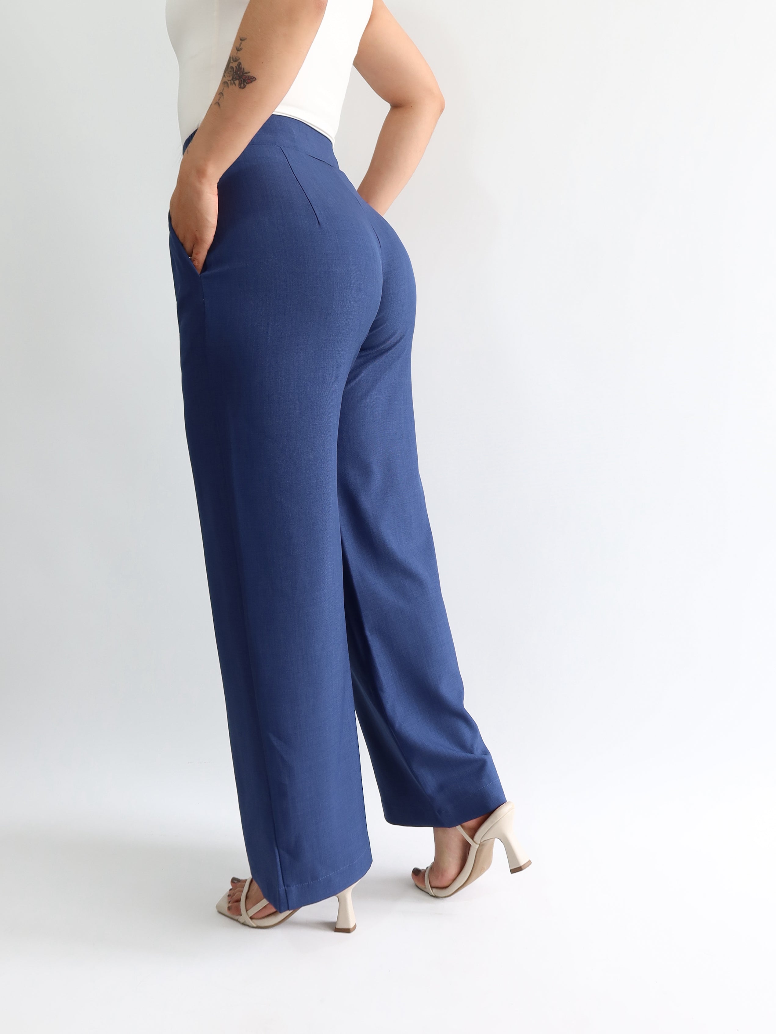 Straight pants elástico midi azul
