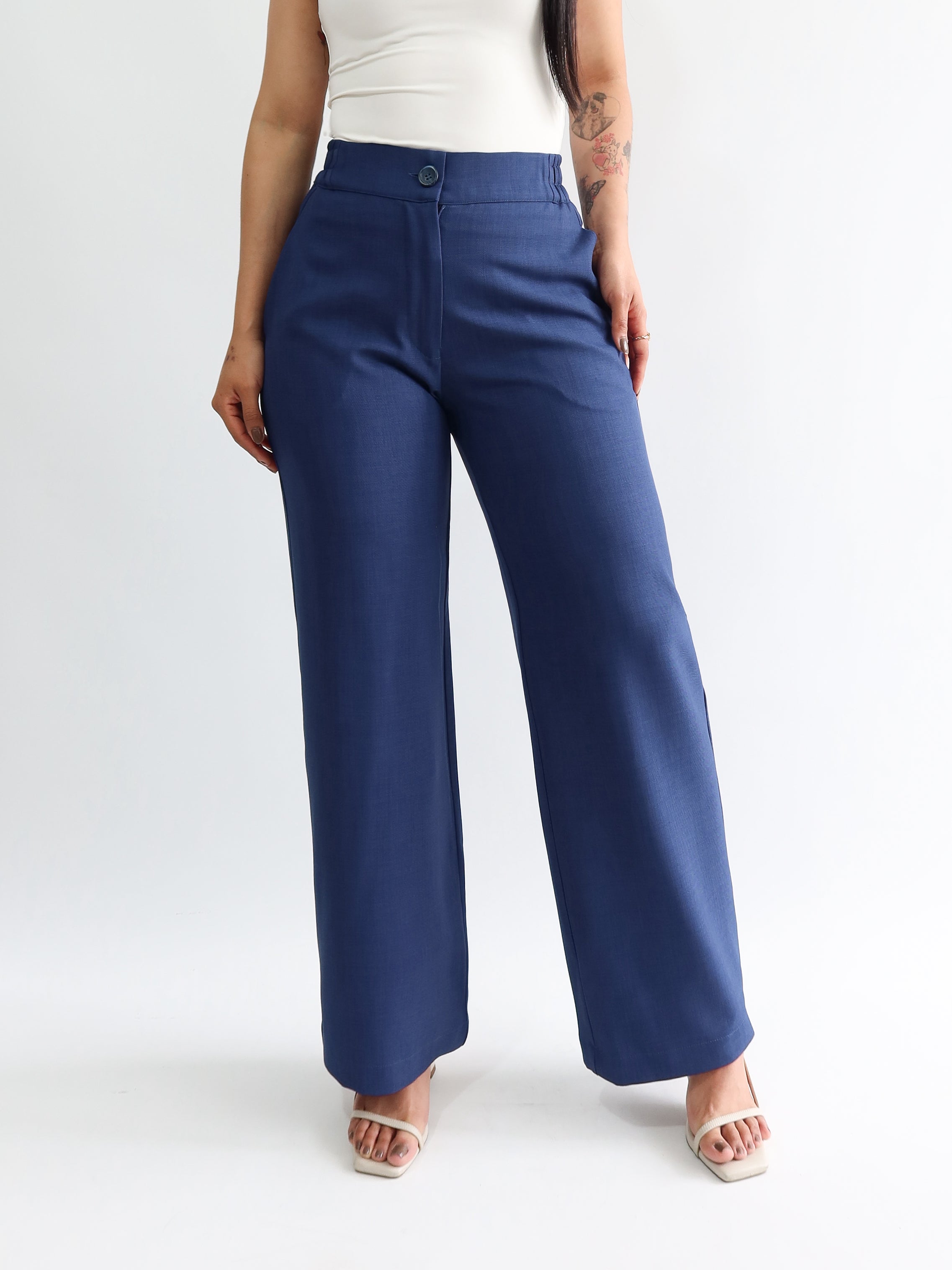 Straight pants elástico midi azul