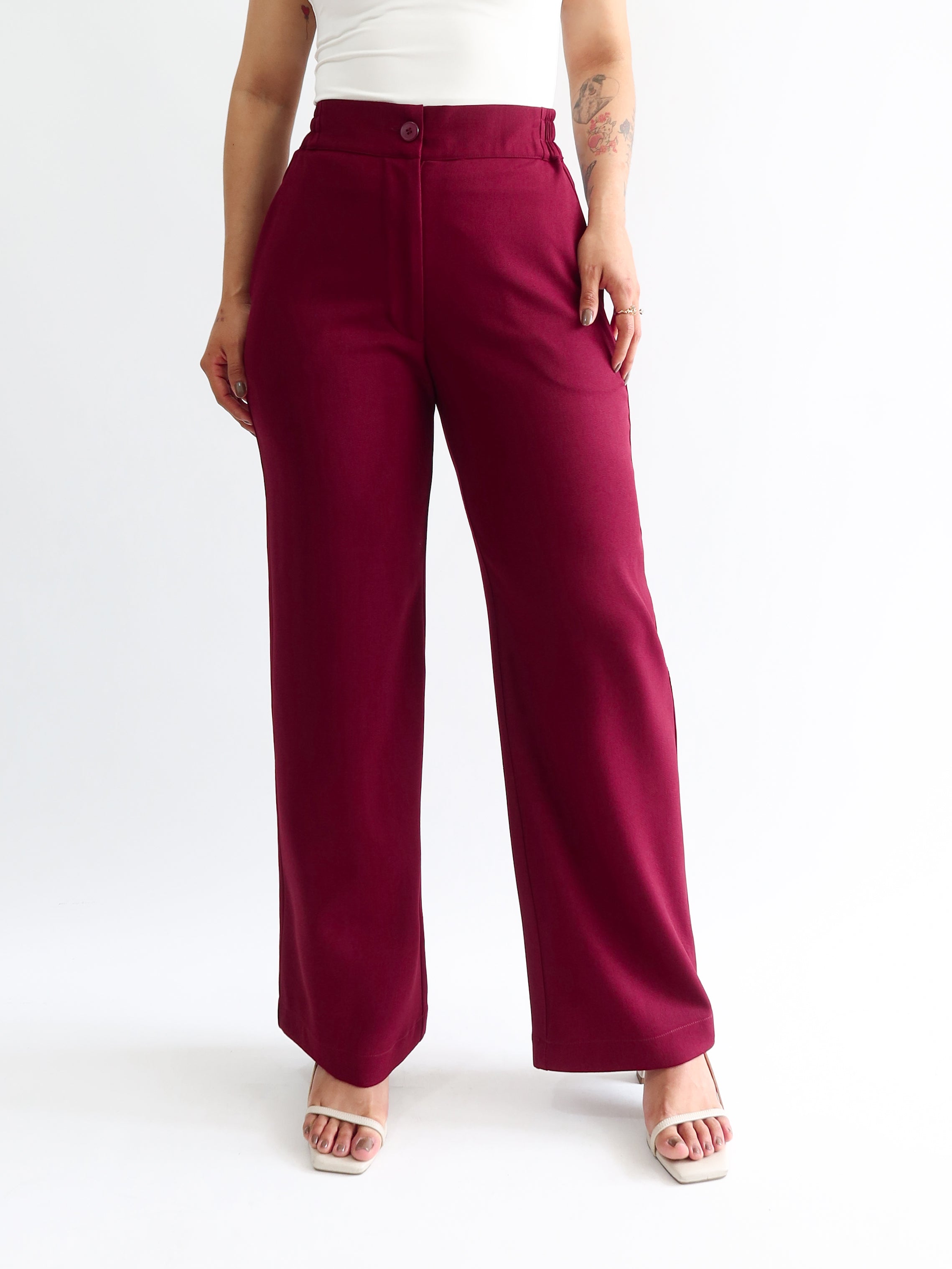 Straight pants elástico midi vino