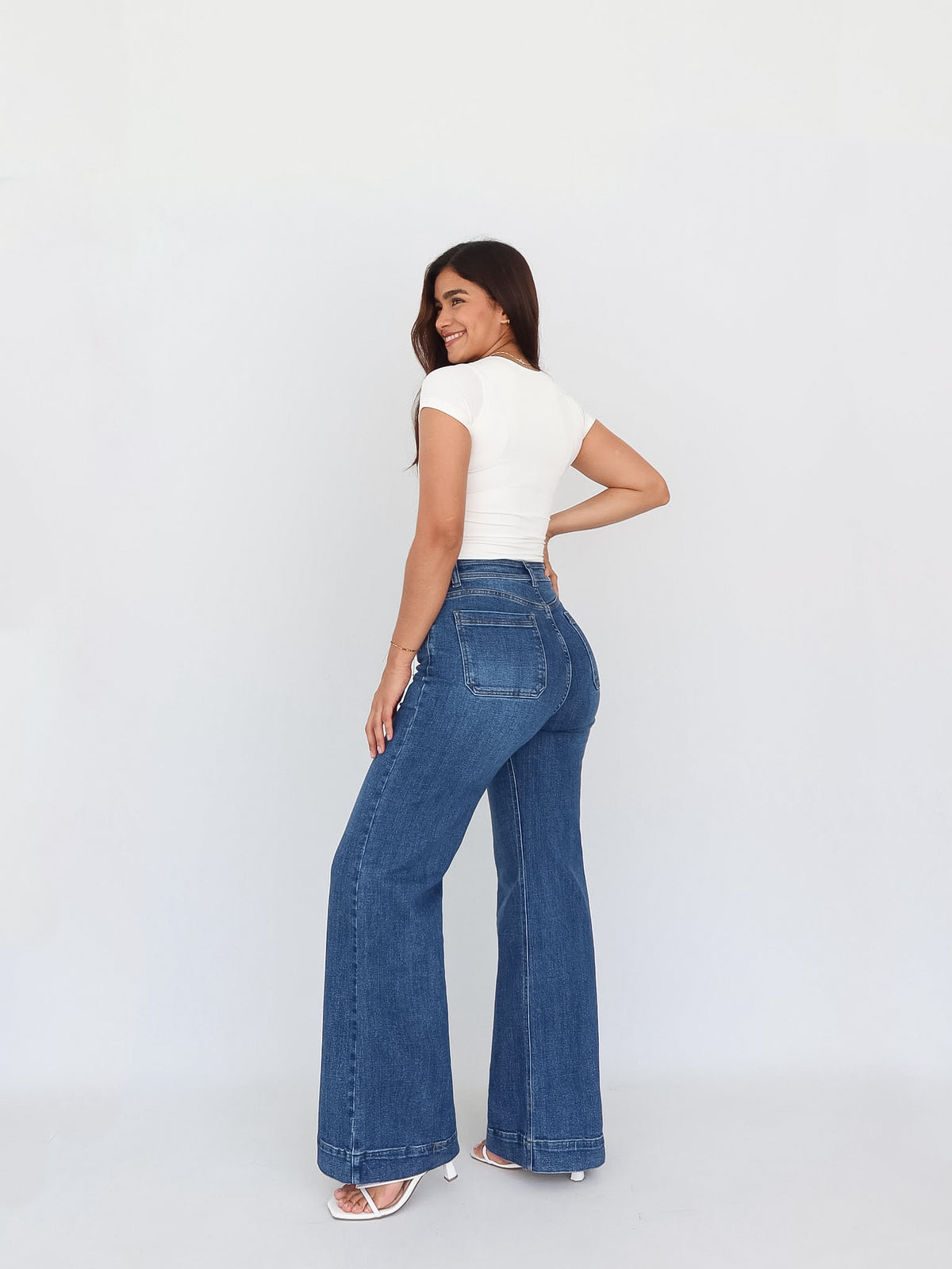 Wide leg long jeans stretch azul